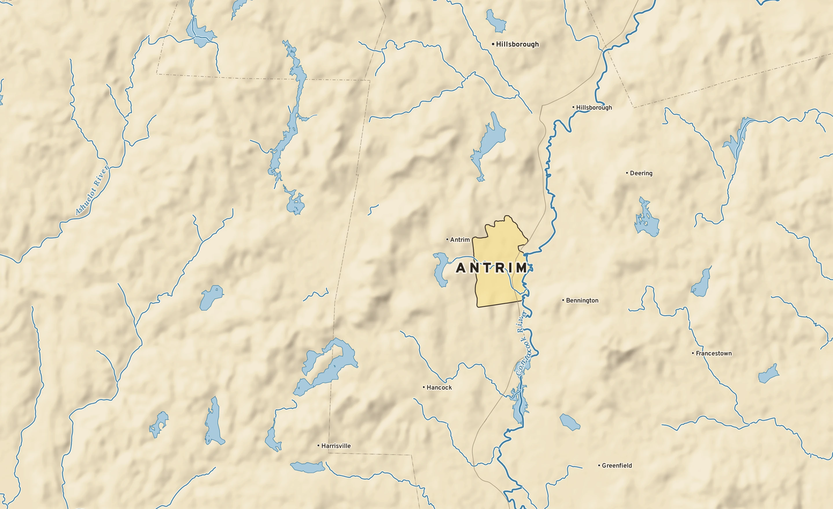 Shaded-relief atlas plate of Antrim, New Hampshire: rivers, roads, the city limits and where the water drains.