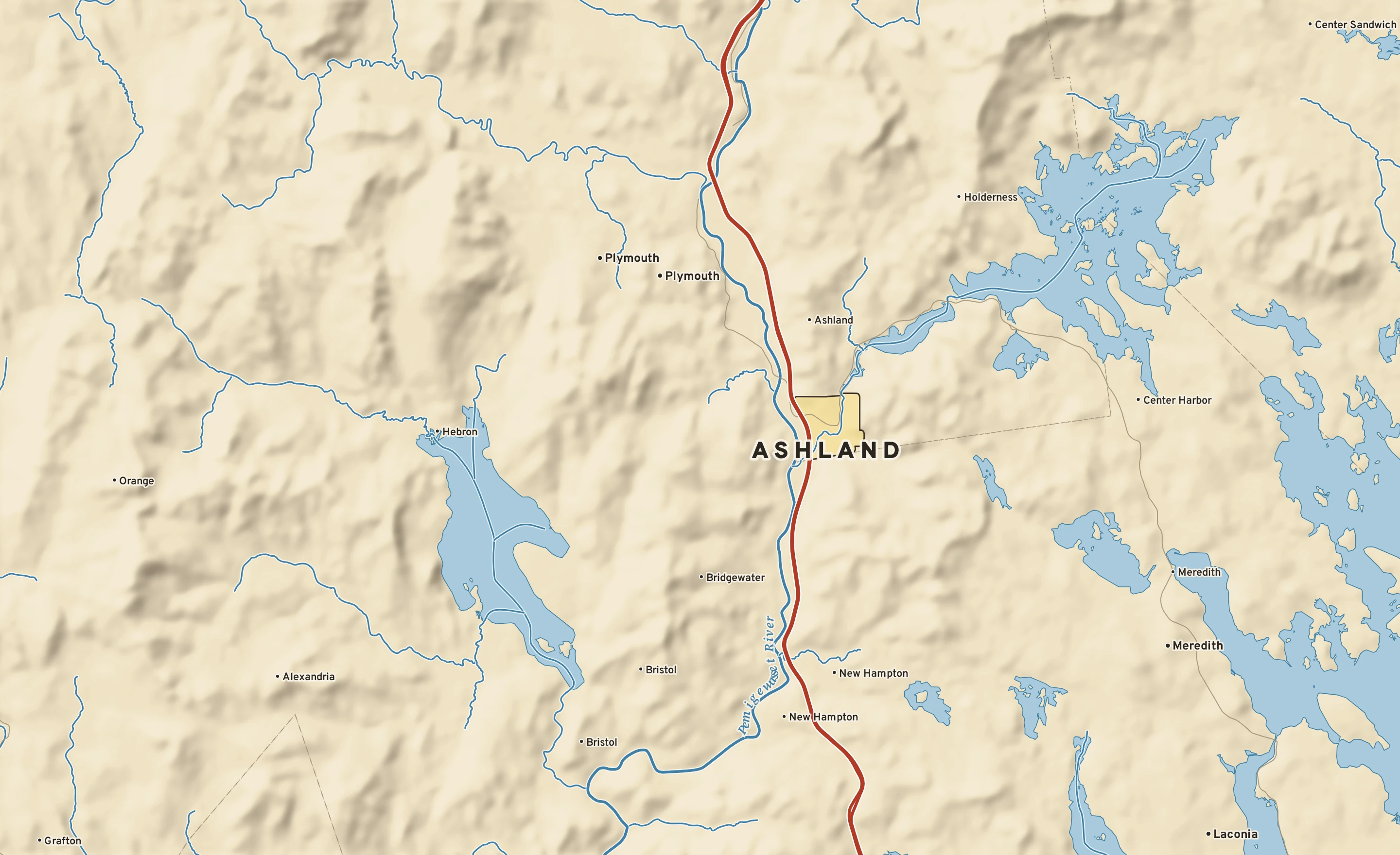 Shaded-relief atlas plate of Ashland, New Hampshire: rivers, roads, the city limits and where the water drains.