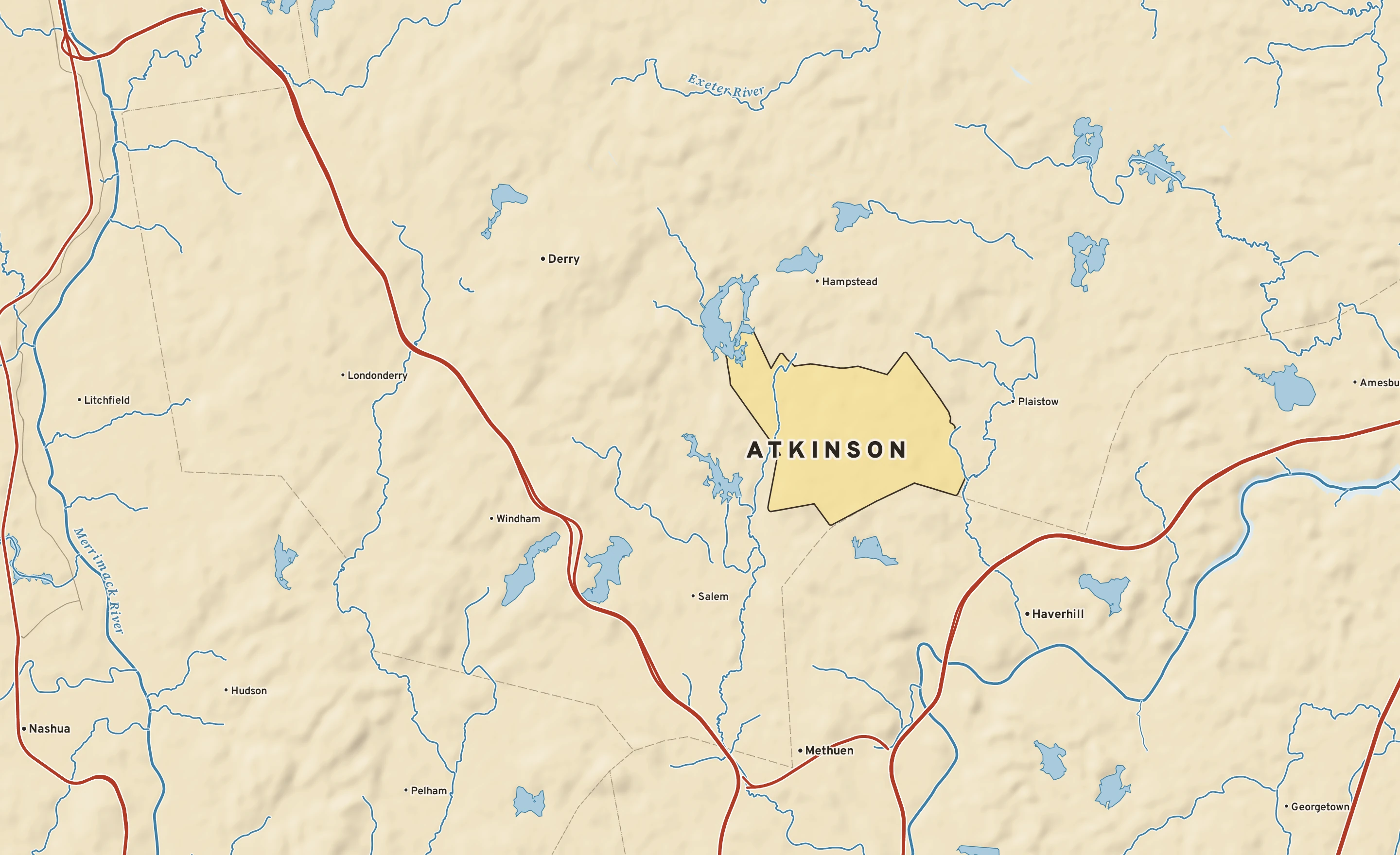 Shaded-relief atlas plate of Atkinson, New Hampshire: rivers, roads, the city limits and where the water drains.
