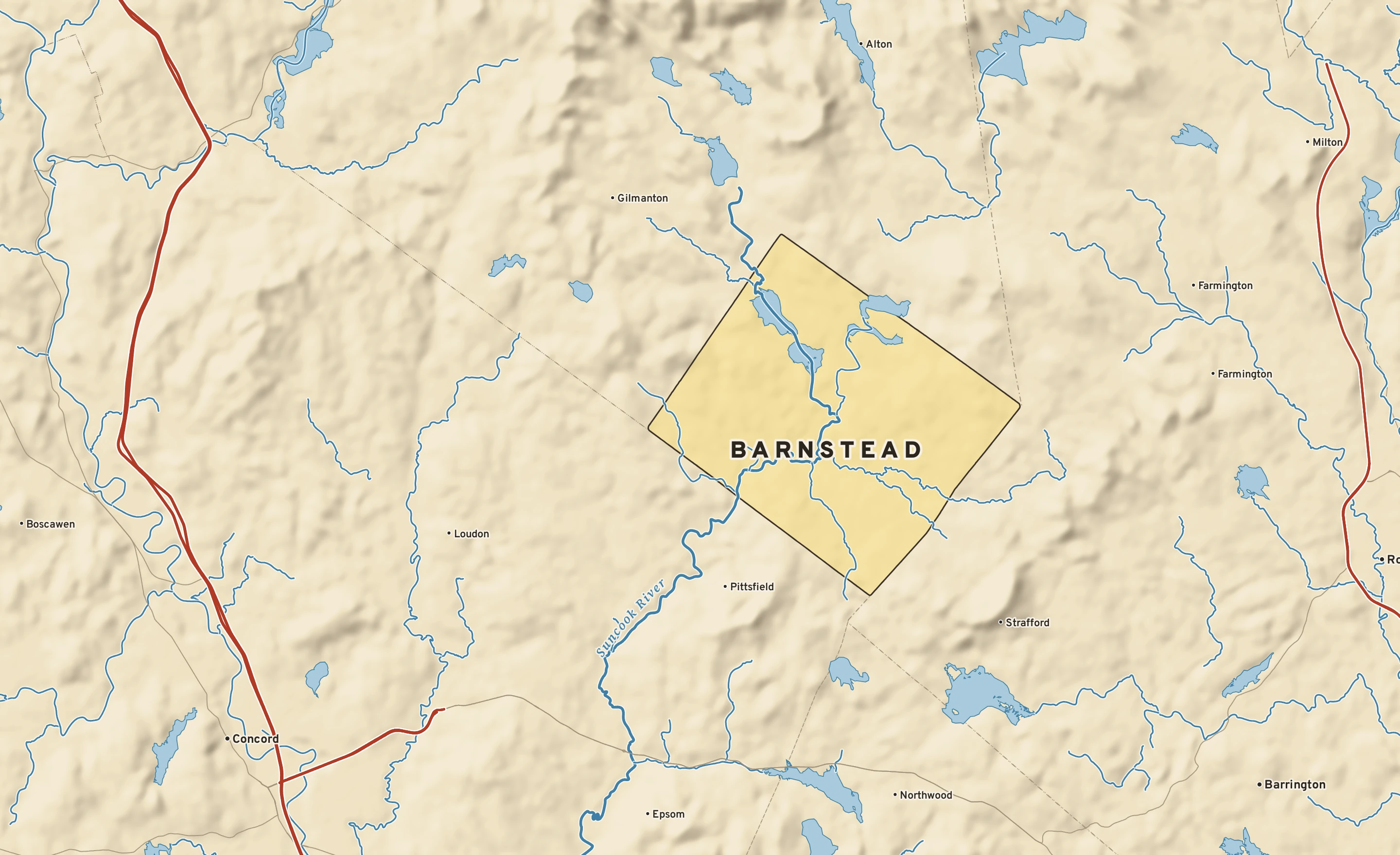 Shaded-relief atlas plate of Barnstead, New Hampshire: rivers, roads, the city limits and where the water drains.