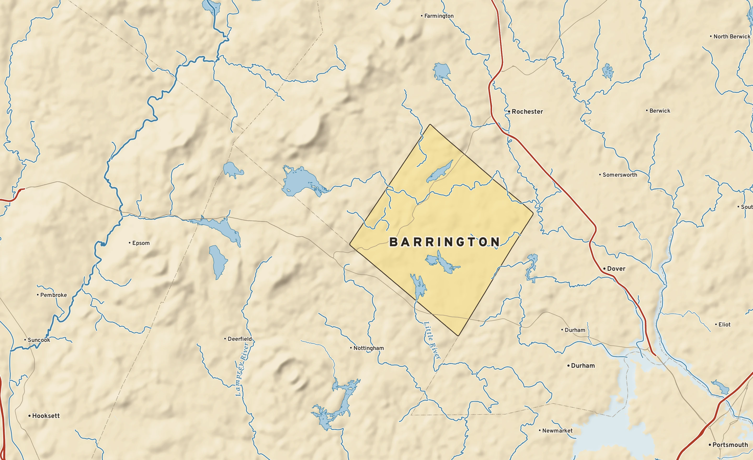 Shaded-relief atlas plate of Barrington, New Hampshire: rivers, roads, the city limits and where the water drains.