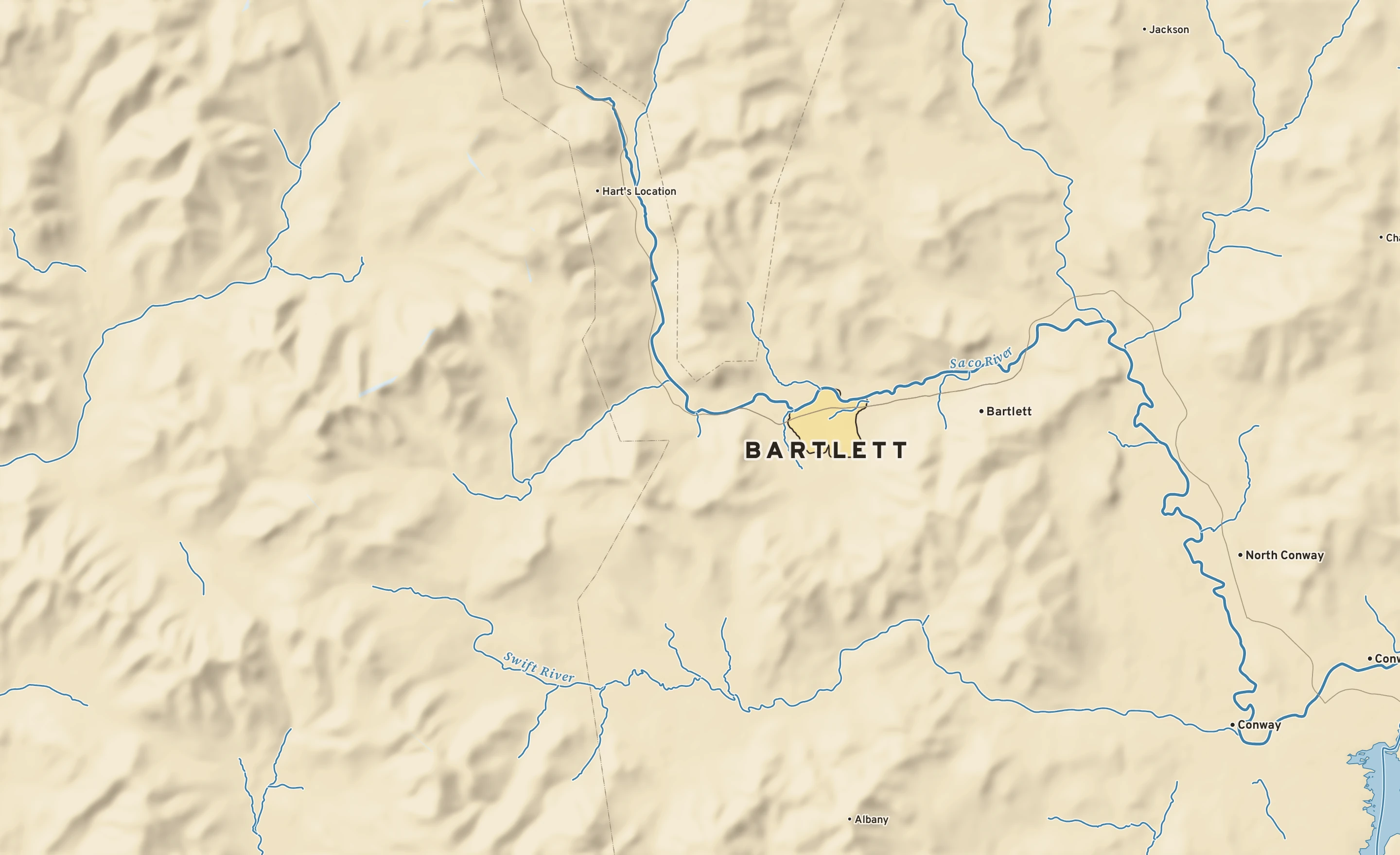 Shaded-relief atlas plate of Bartlett, New Hampshire: rivers, roads, the city limits and where the water drains.