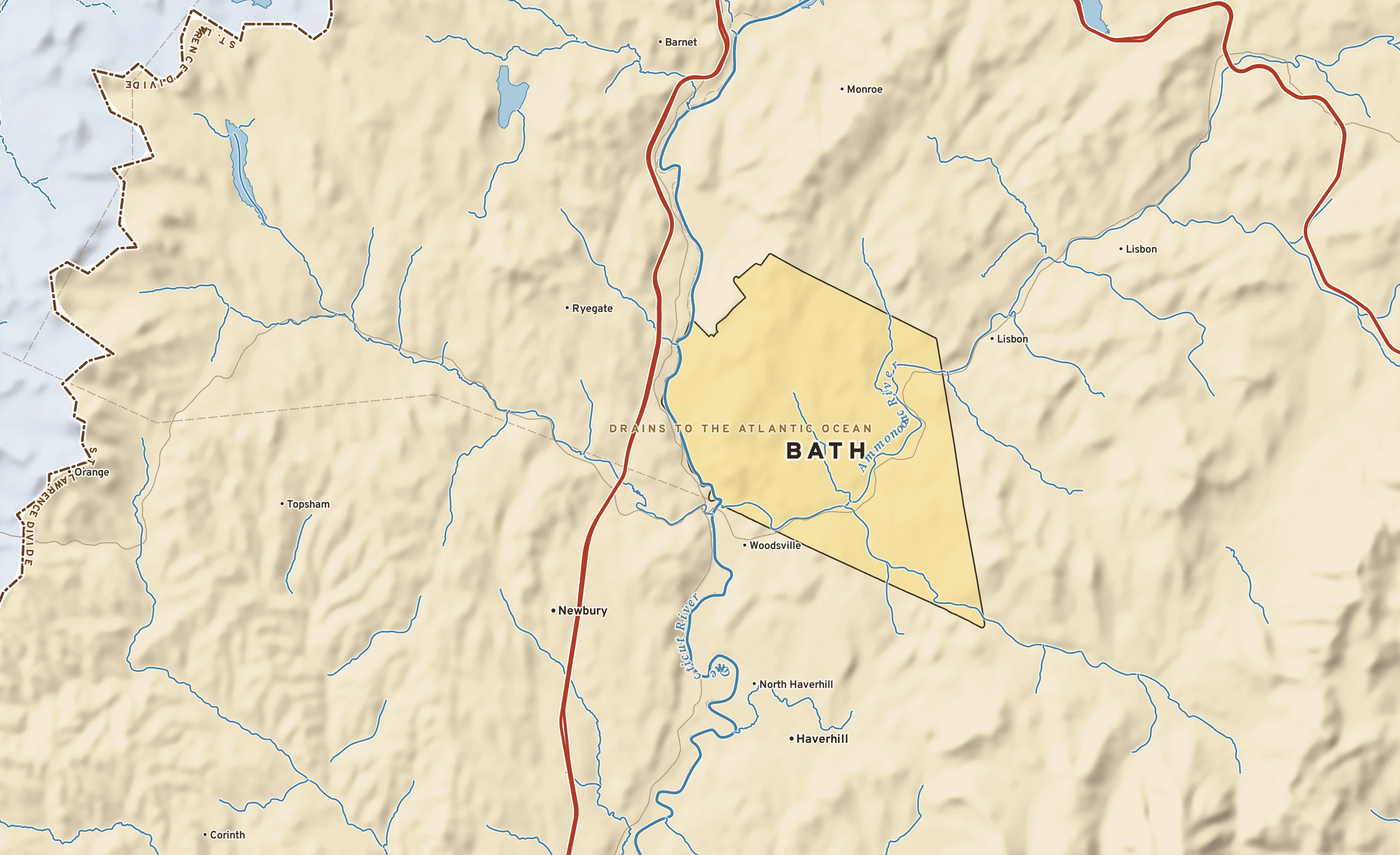 Shaded-relief atlas plate of Bath, New Hampshire: rivers, roads, the city limits and where the water drains.