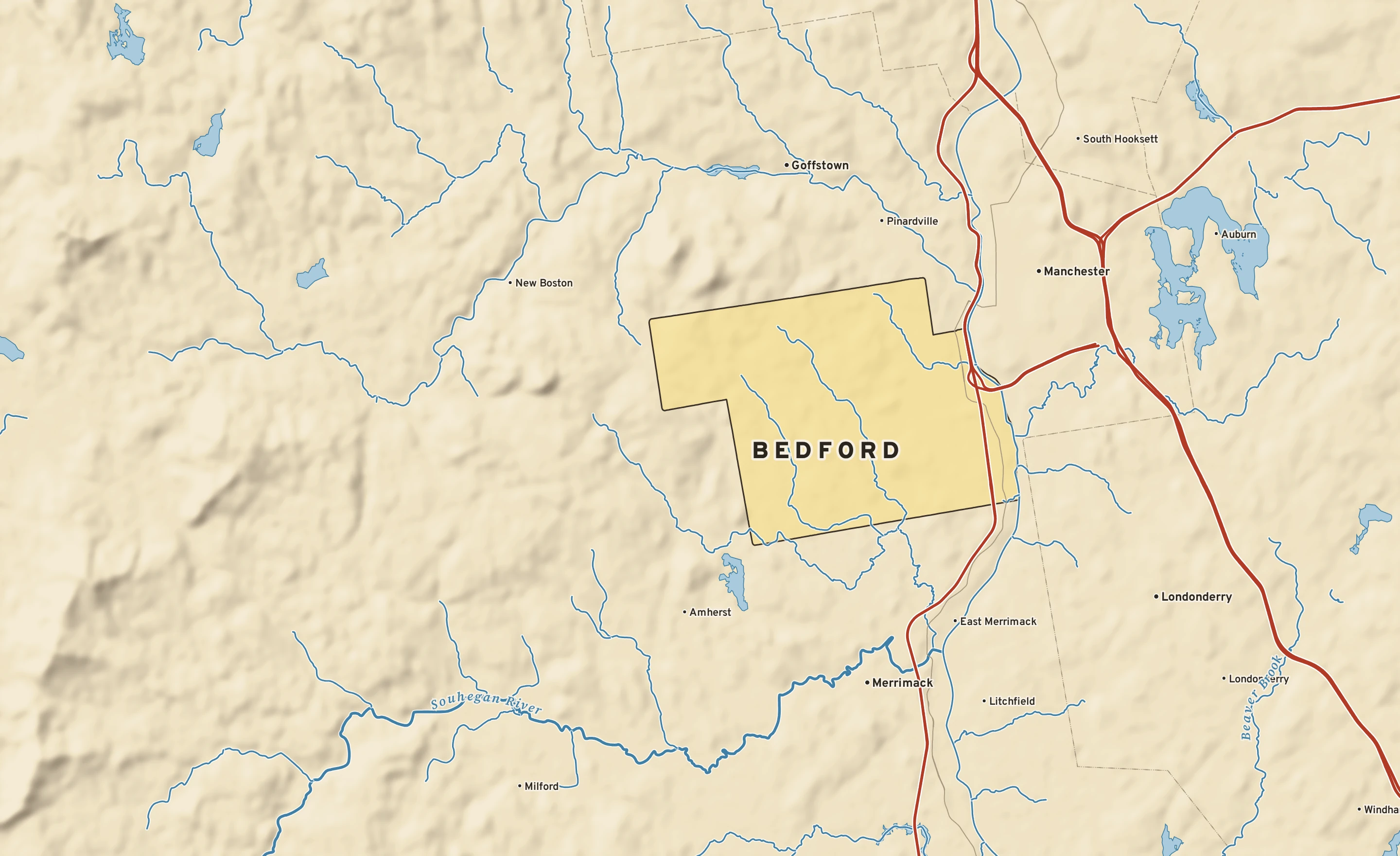 Shaded-relief atlas plate of Bedford, New Hampshire: rivers, roads, the city limits and where the water drains.