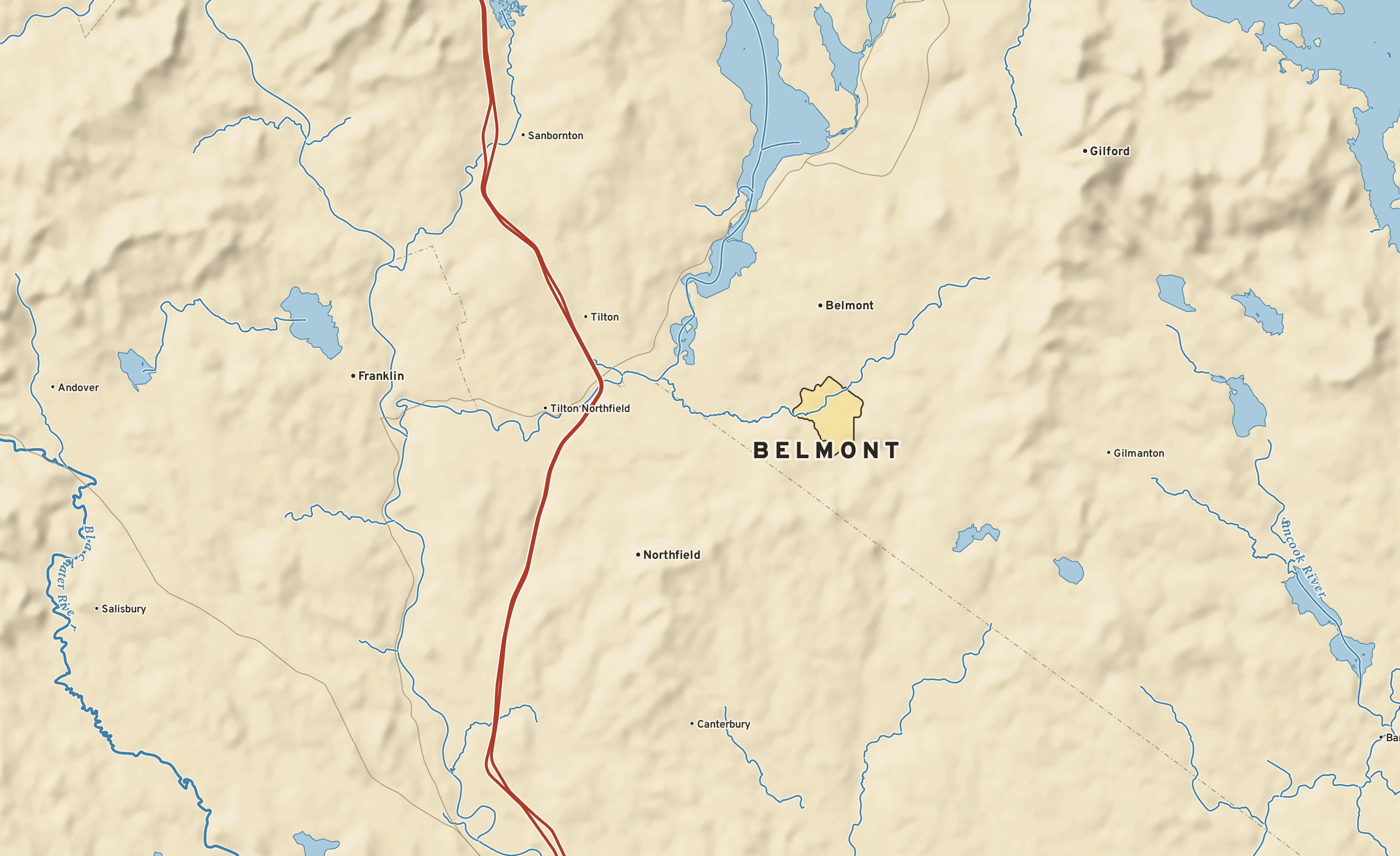 Shaded-relief atlas plate of Belmont, New Hampshire: rivers, roads, the city limits and where the water drains.