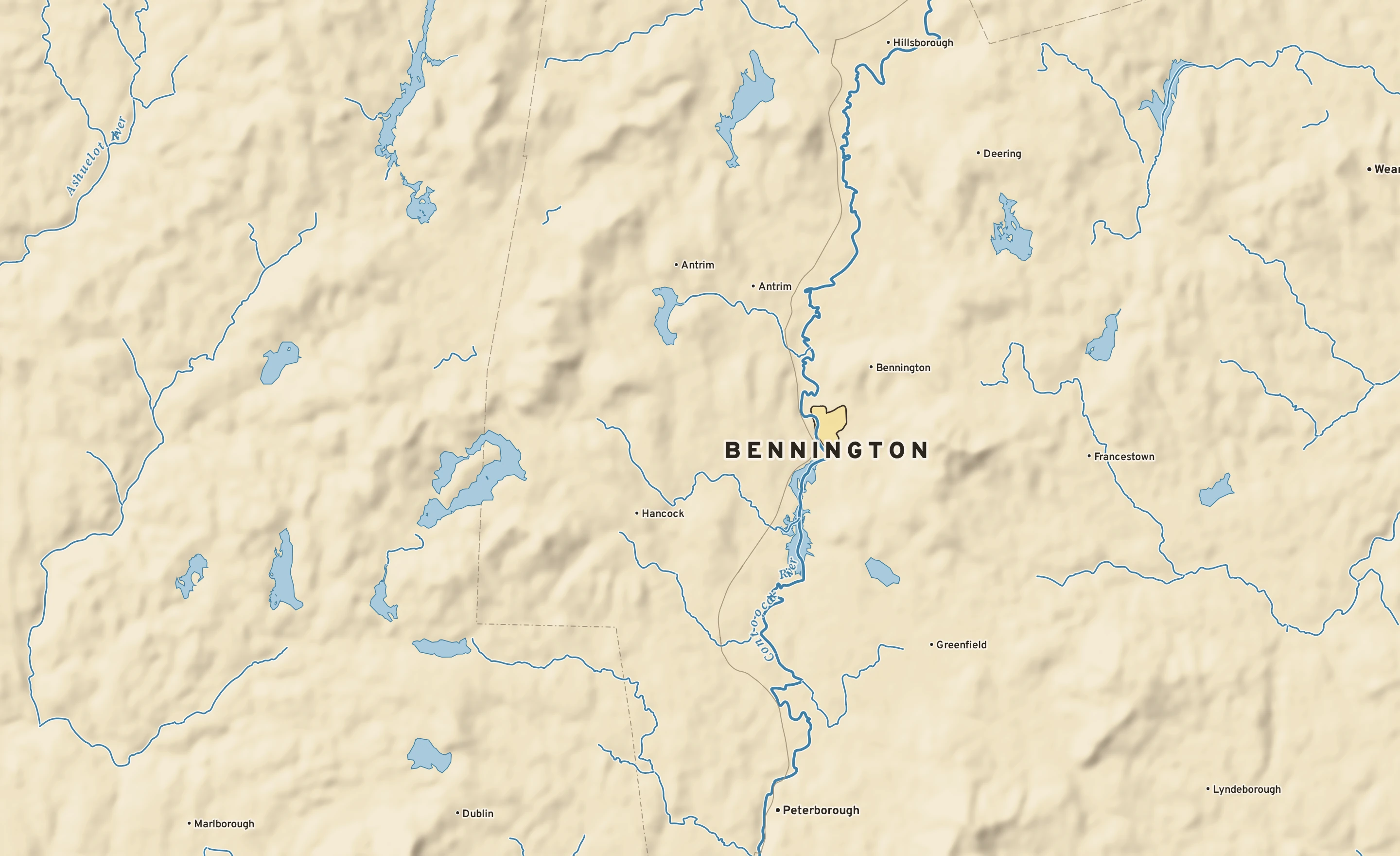 Shaded-relief atlas plate of Bennington, New Hampshire: rivers, roads, the city limits and where the water drains.