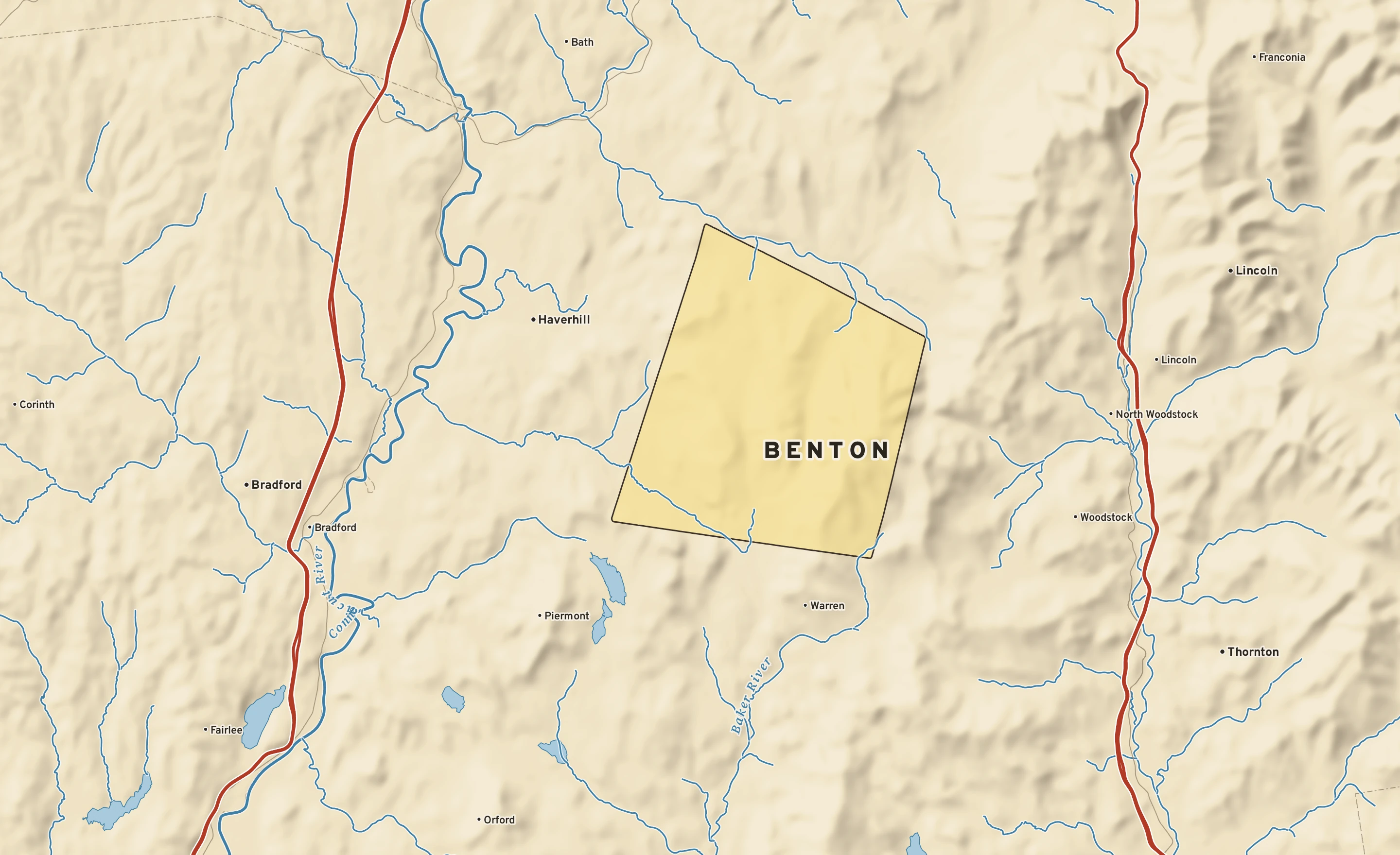 Shaded-relief atlas plate of Benton, New Hampshire: rivers, roads, the city limits and where the water drains.