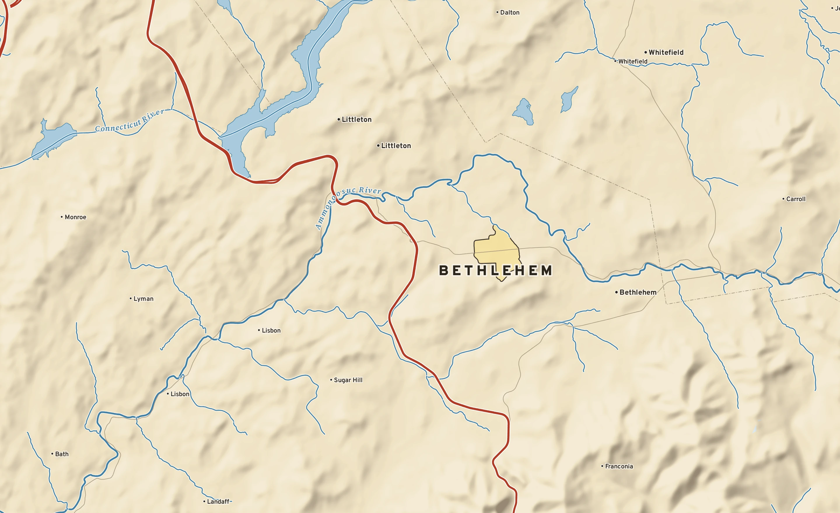 Shaded-relief atlas plate of Bethlehem, New Hampshire: rivers, roads, the city limits and where the water drains.