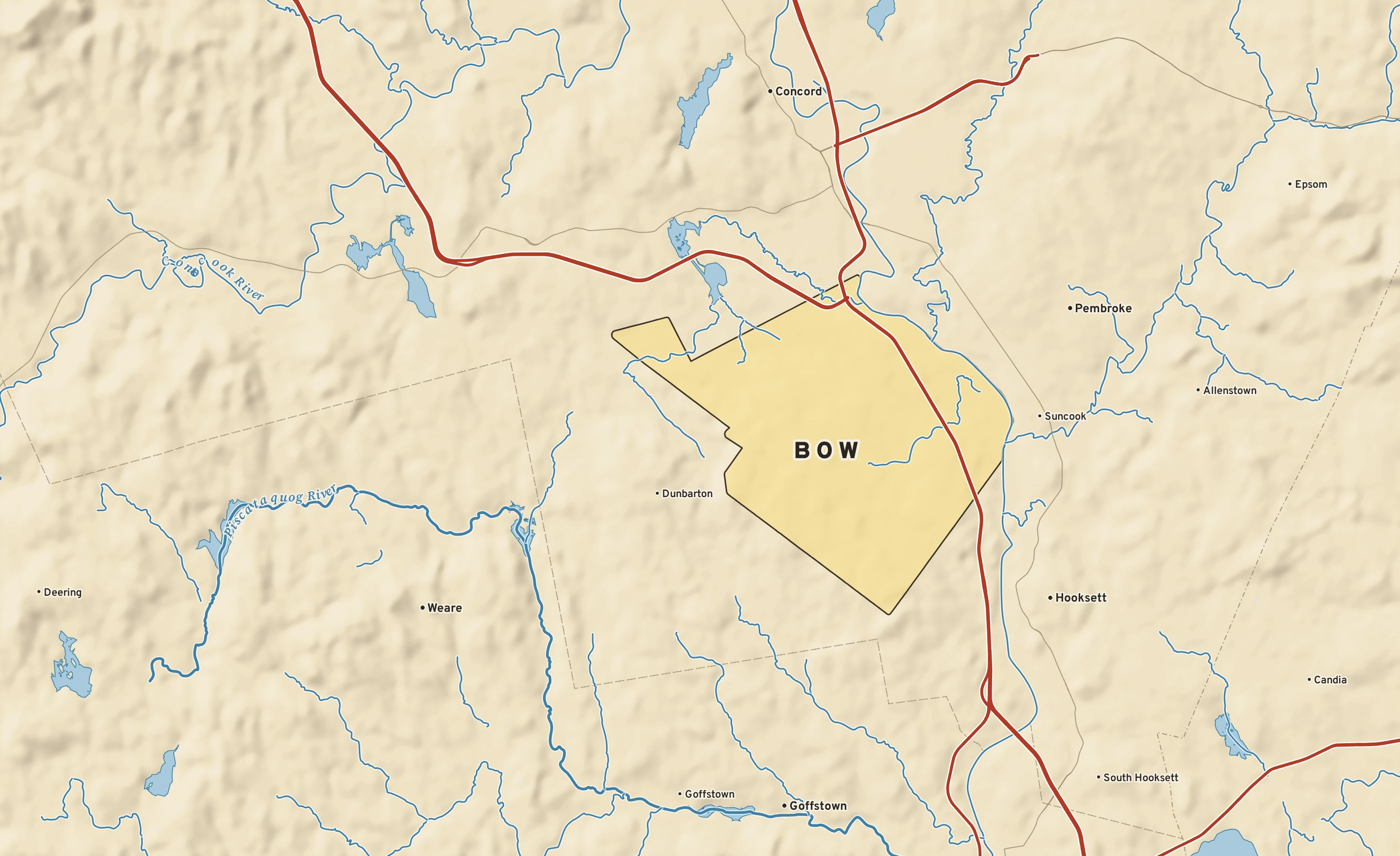 Shaded-relief atlas plate of Bow, New Hampshire: rivers, roads, the city limits and where the water drains.