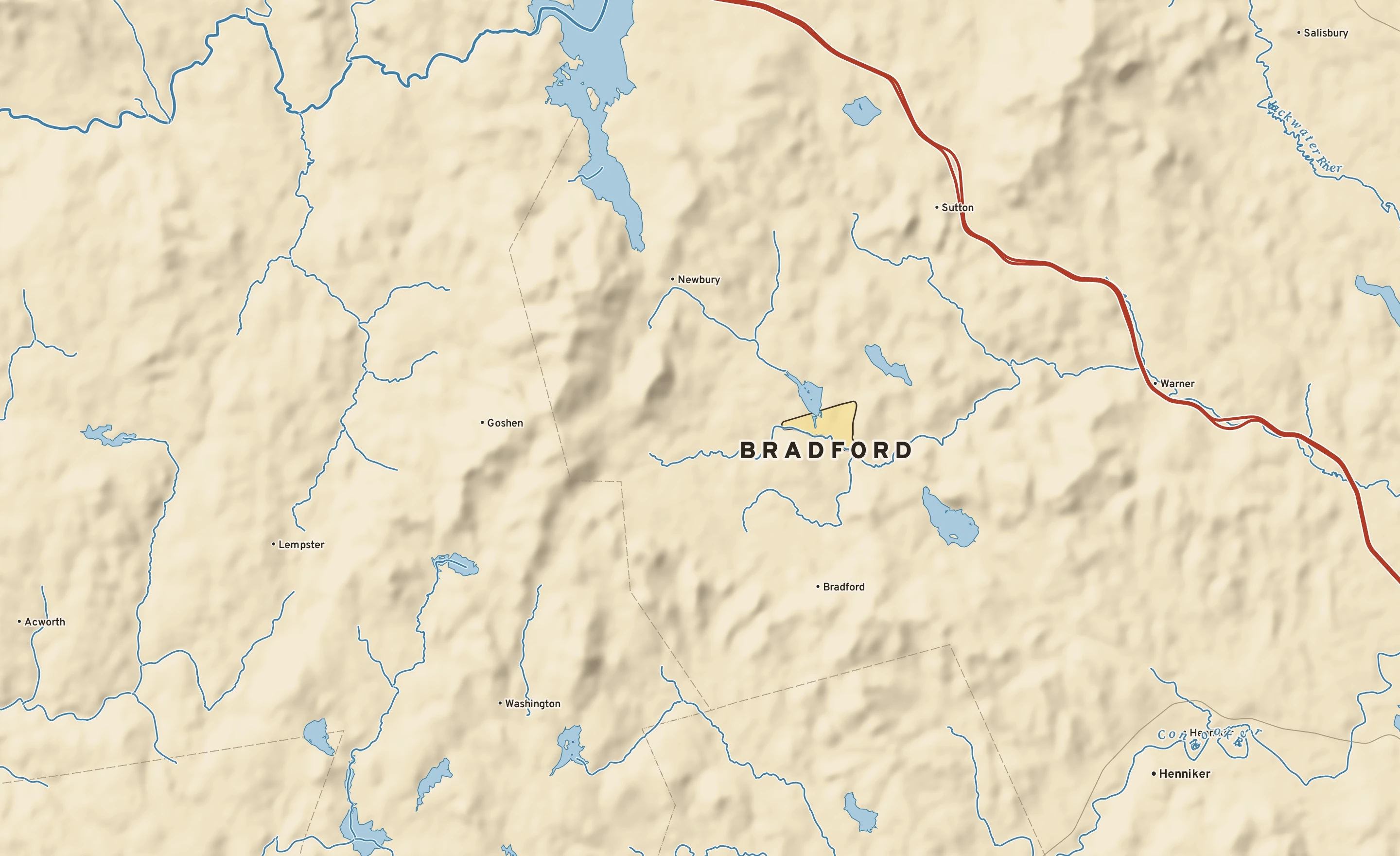 Shaded-relief atlas plate of Bradford, New Hampshire: rivers, roads, the city limits and where the water drains.