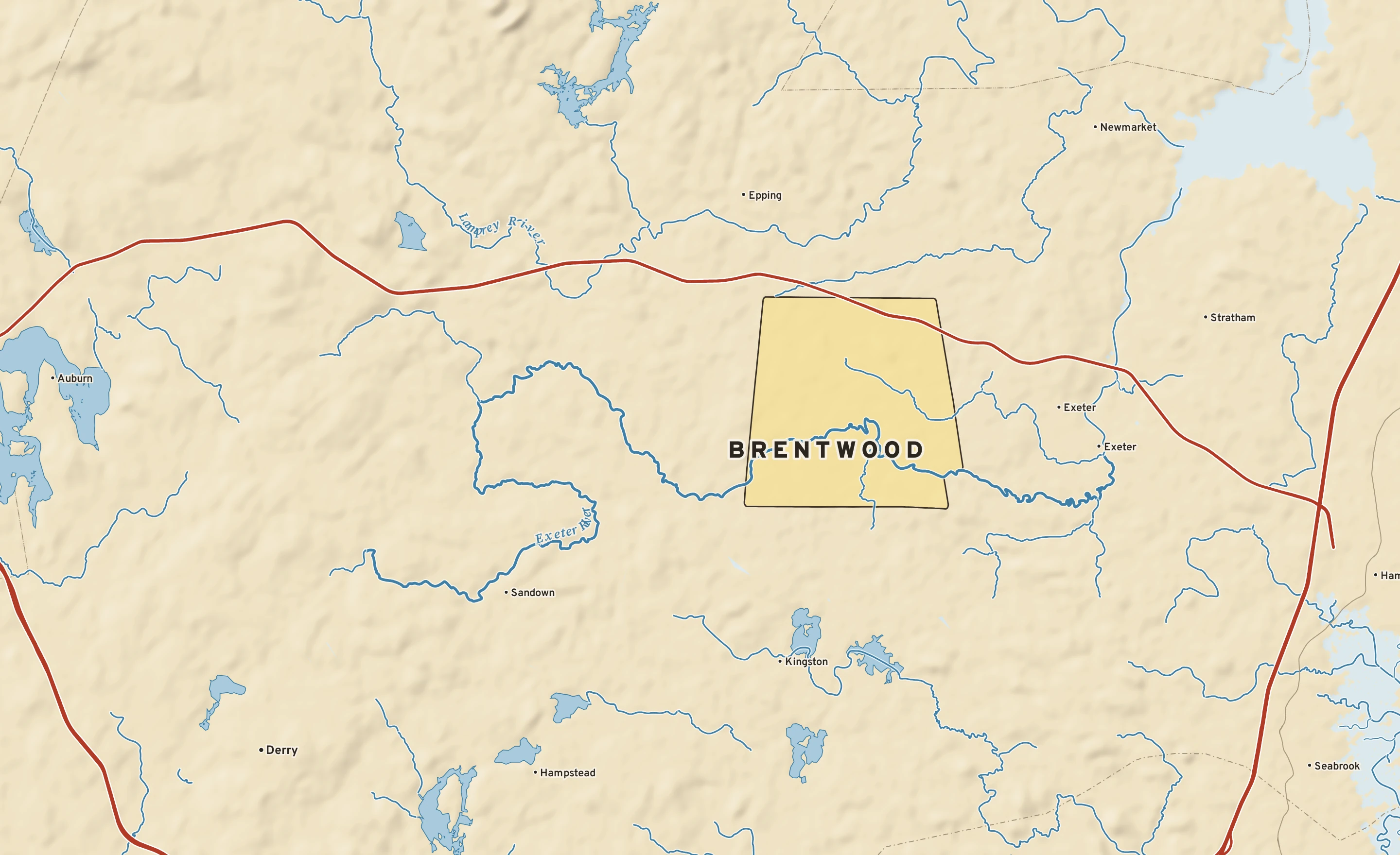 Shaded-relief atlas plate of Brentwood, New Hampshire: rivers, roads, the city limits and where the water drains.