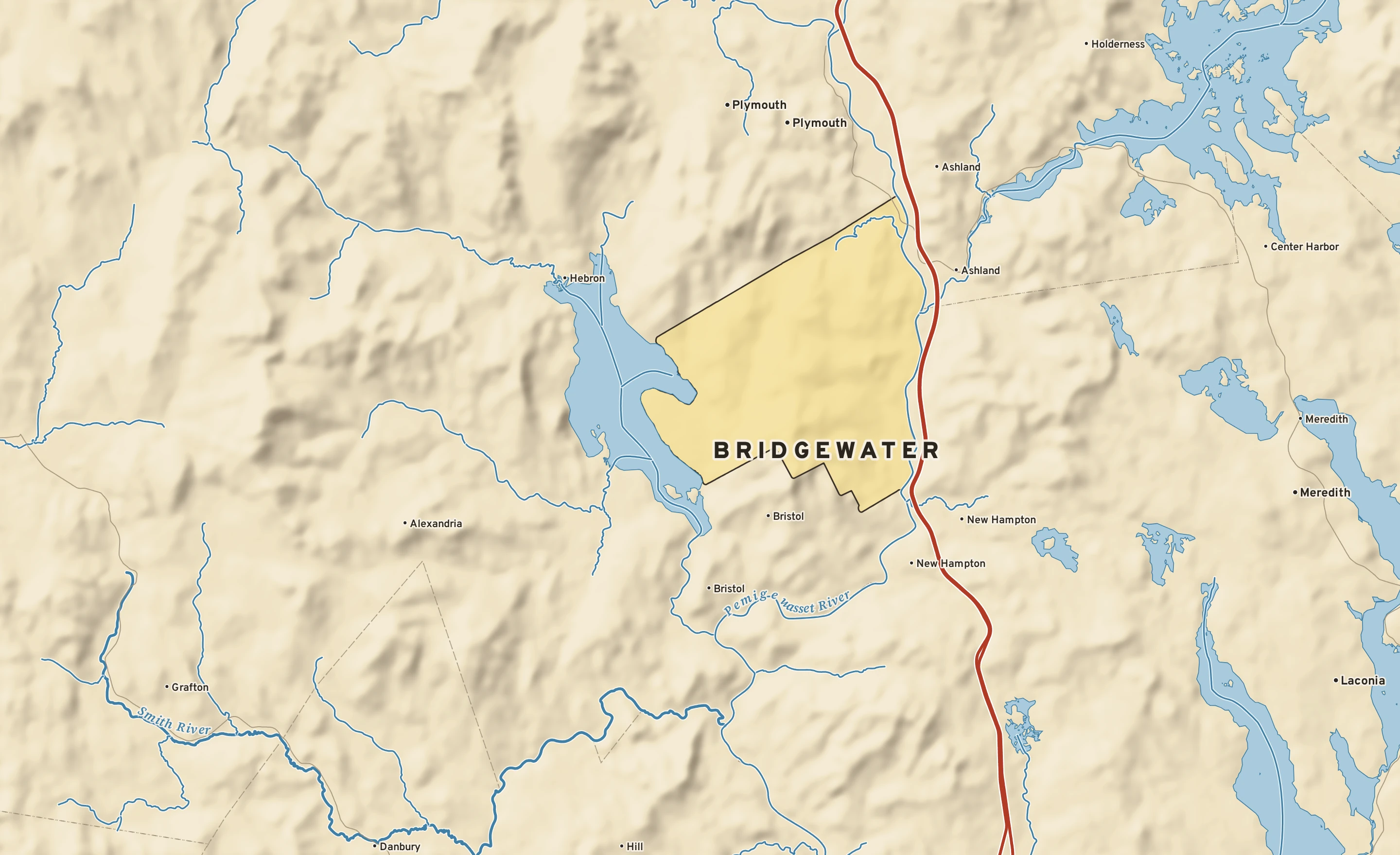 Shaded-relief atlas plate of Bridgewater, New Hampshire: rivers, roads, the city limits and where the water drains.
