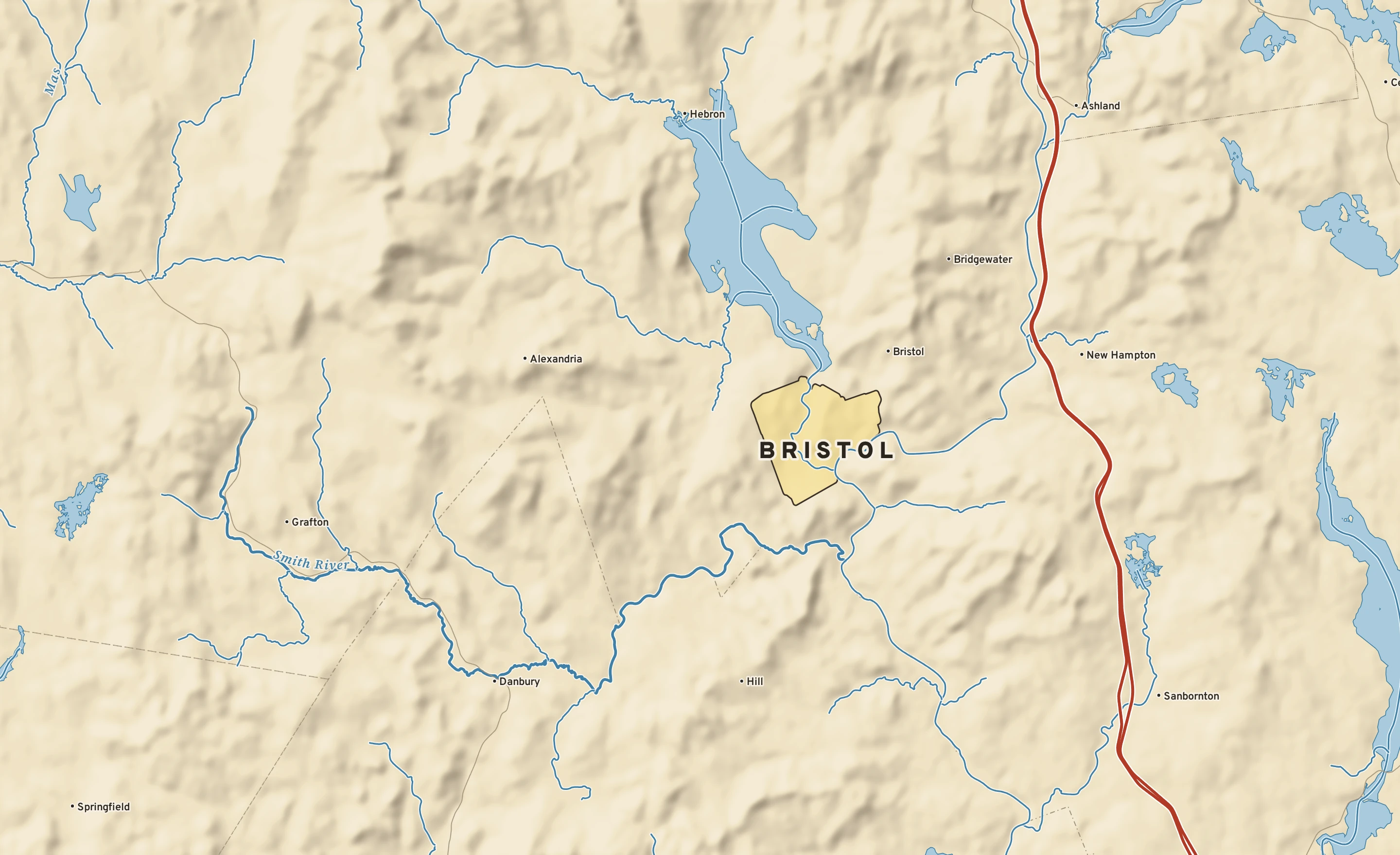 Shaded-relief atlas plate of Bristol, New Hampshire: rivers, roads, the city limits and where the water drains.