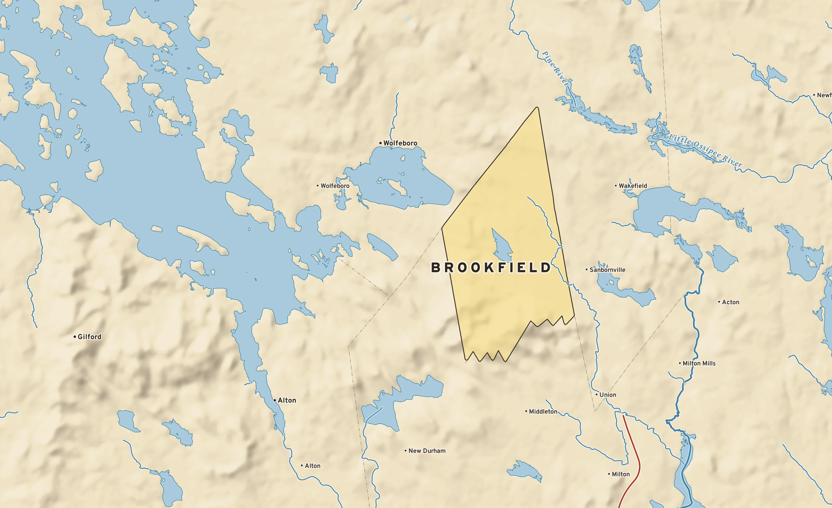 Shaded-relief atlas plate of Brookfield, New Hampshire: rivers, roads, the city limits and where the water drains.
