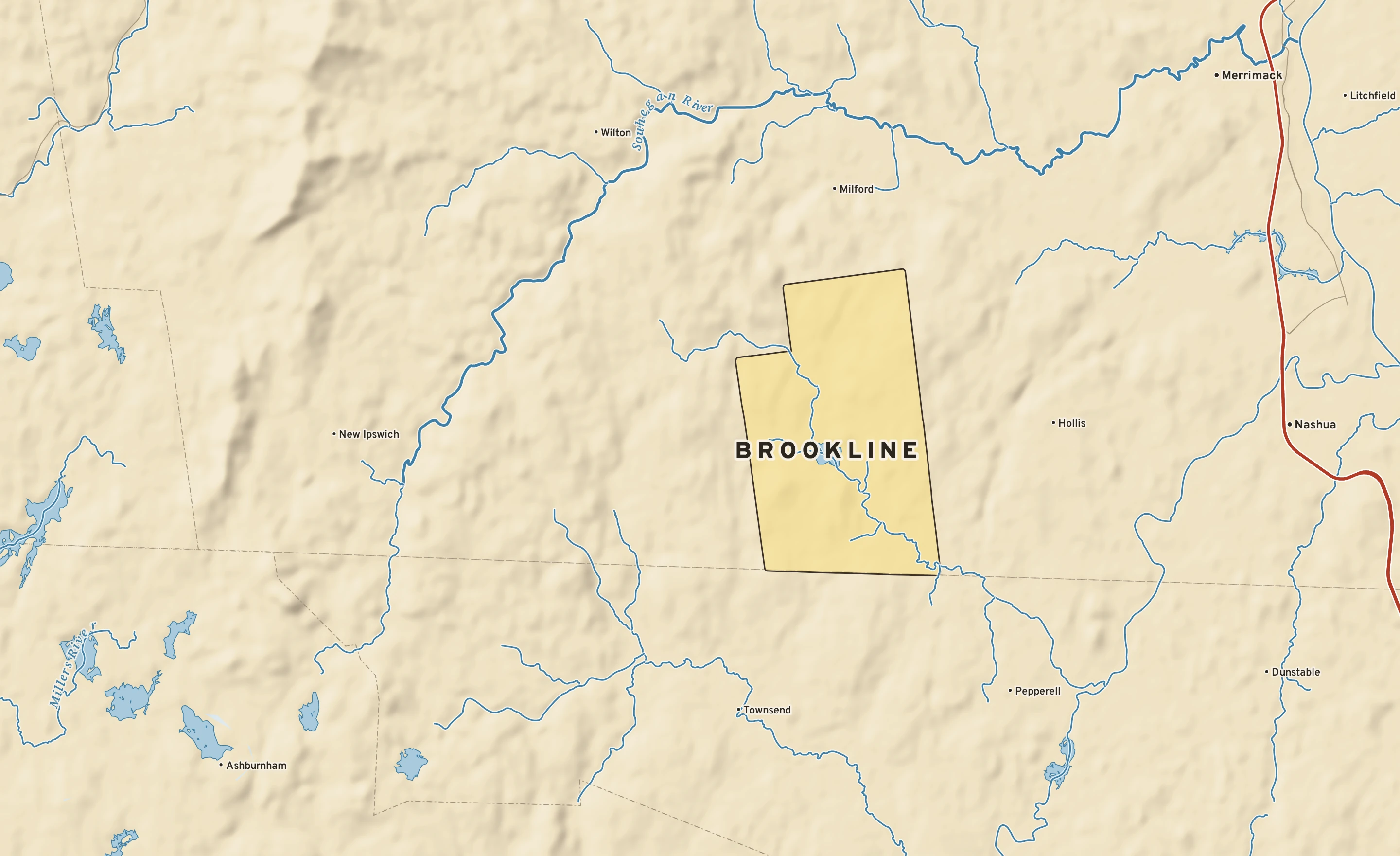 Shaded-relief atlas plate of Brookline, New Hampshire: rivers, roads, the city limits and where the water drains.