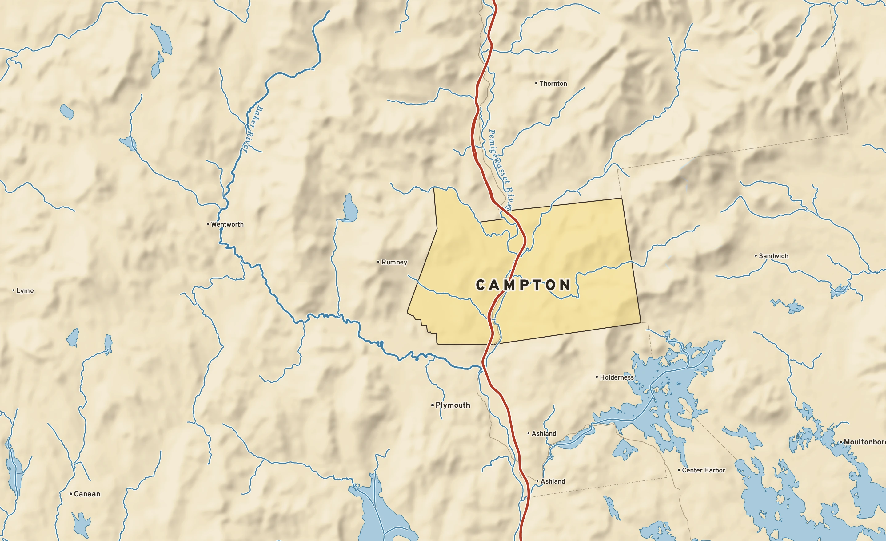 Shaded-relief atlas plate of Campton, New Hampshire: rivers, roads, the city limits and where the water drains.