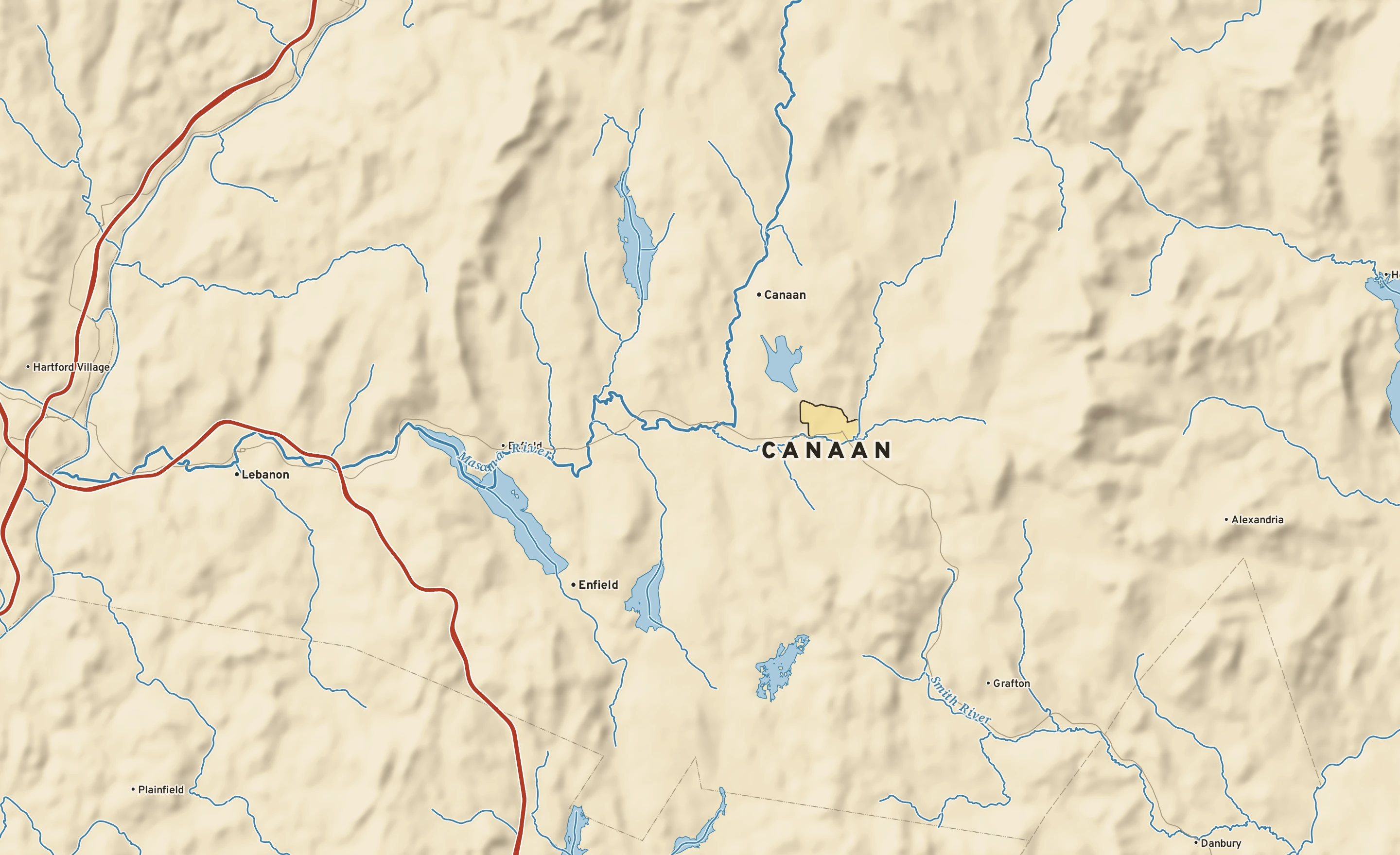 Shaded-relief atlas plate of Canaan, New Hampshire: rivers, roads, the city limits and where the water drains.