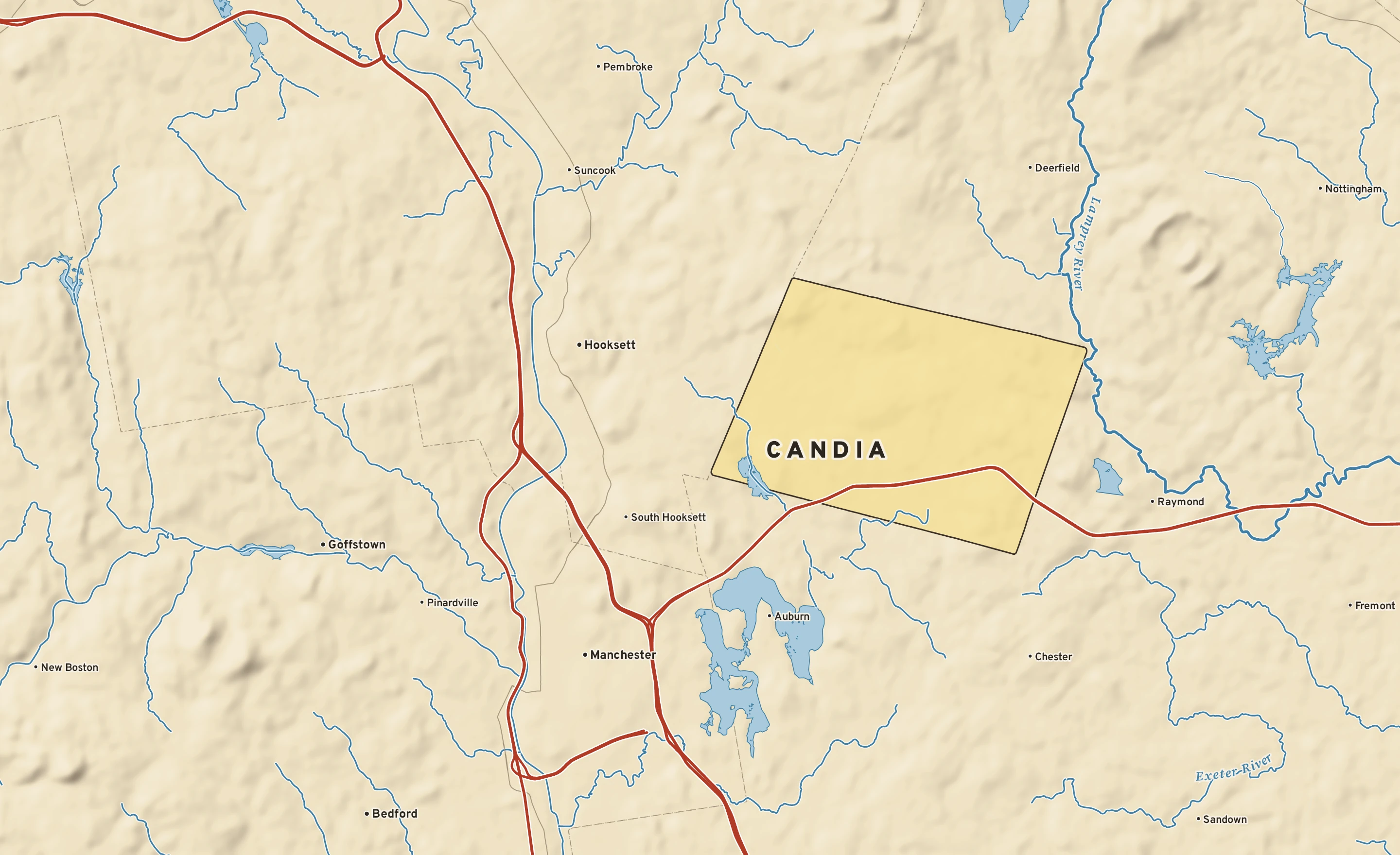 Shaded-relief atlas plate of Candia, New Hampshire: rivers, roads, the city limits and where the water drains.