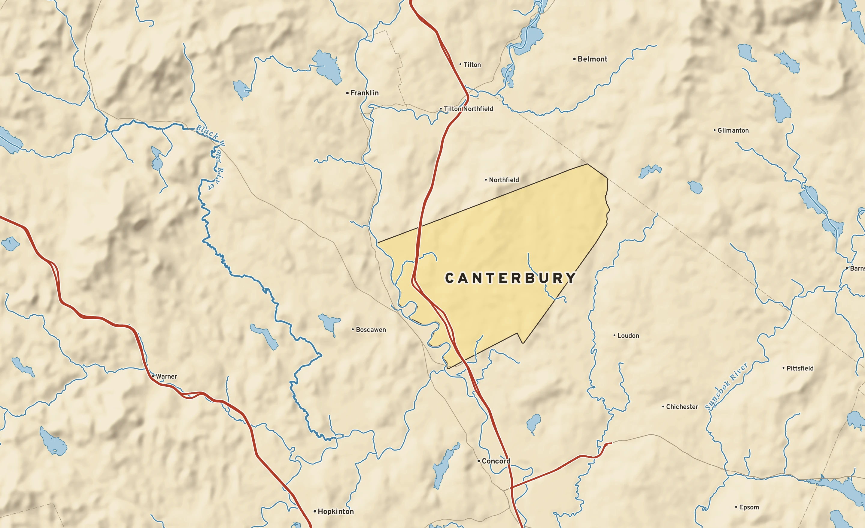 Shaded-relief atlas plate of Canterbury, New Hampshire: rivers, roads, the city limits and where the water drains.