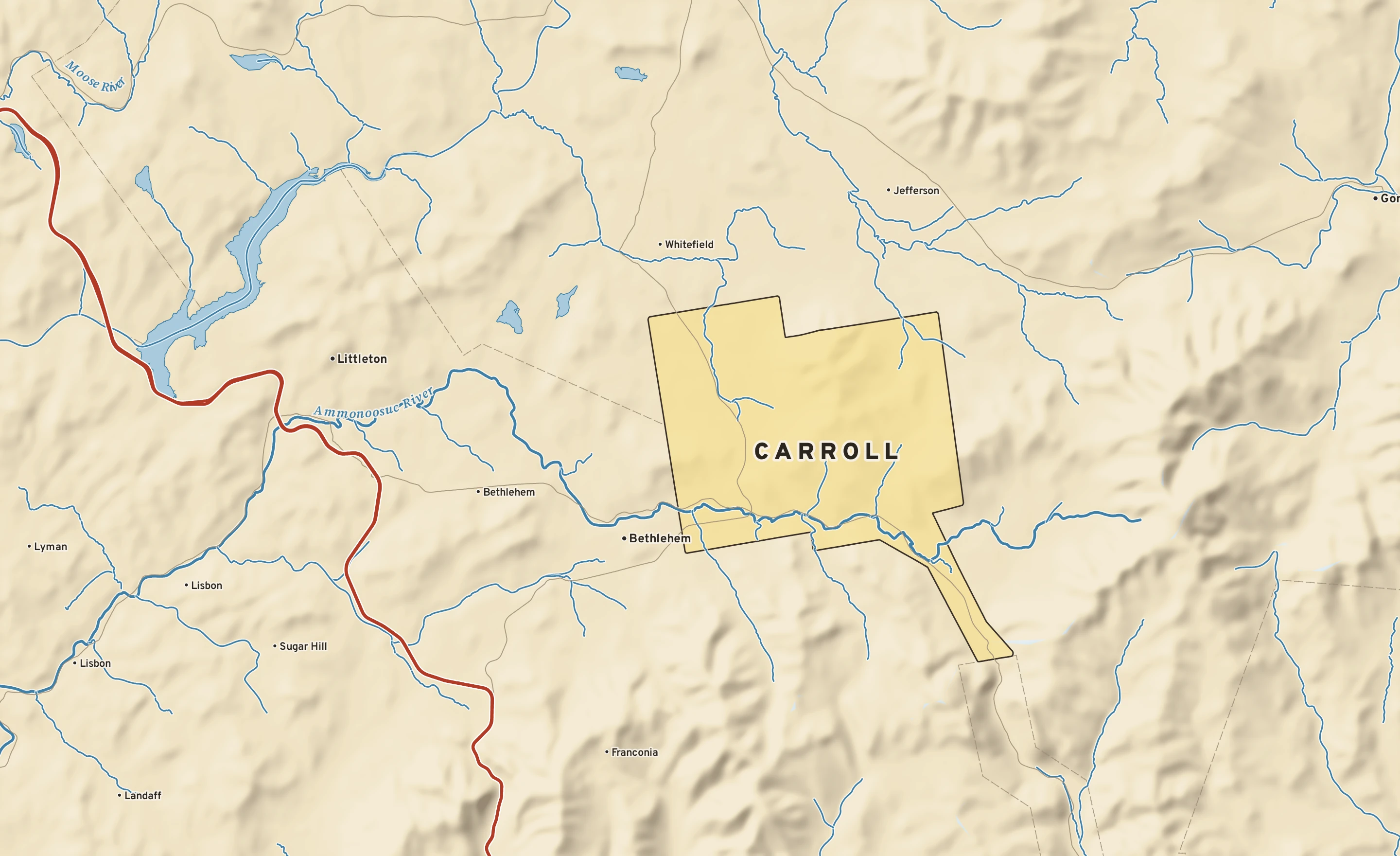 Shaded-relief atlas plate of Carroll, New Hampshire: rivers, roads, the city limits and where the water drains.