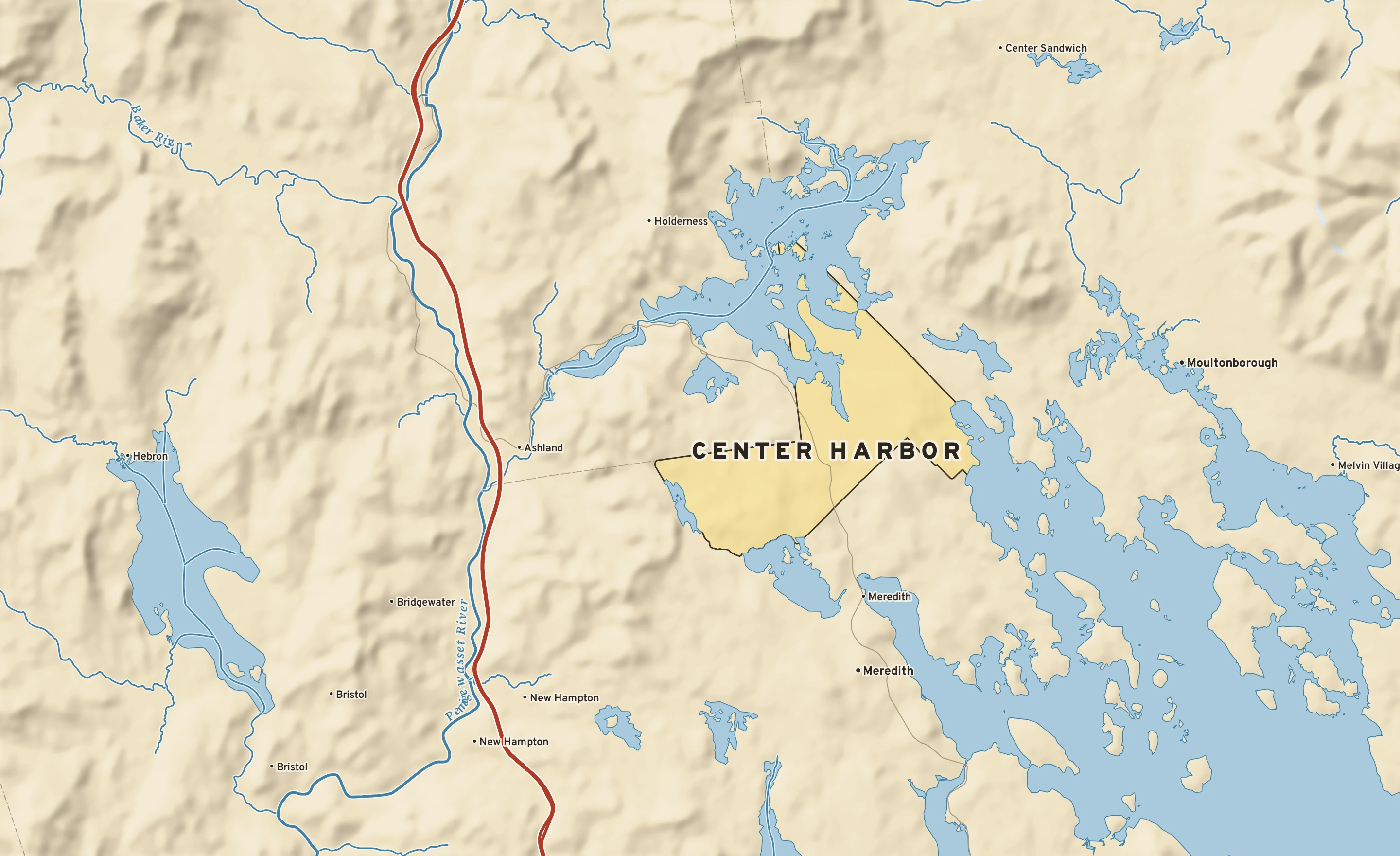 Shaded-relief atlas plate of Center Harbor, New Hampshire: rivers, roads, the city limits and where the water drains.