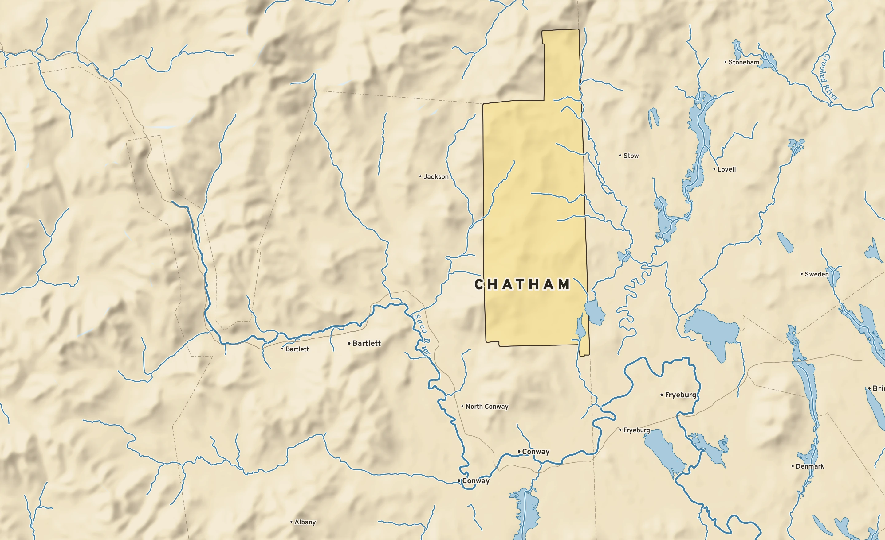 Shaded-relief atlas plate of Chatham, New Hampshire: rivers, roads, the city limits and where the water drains.