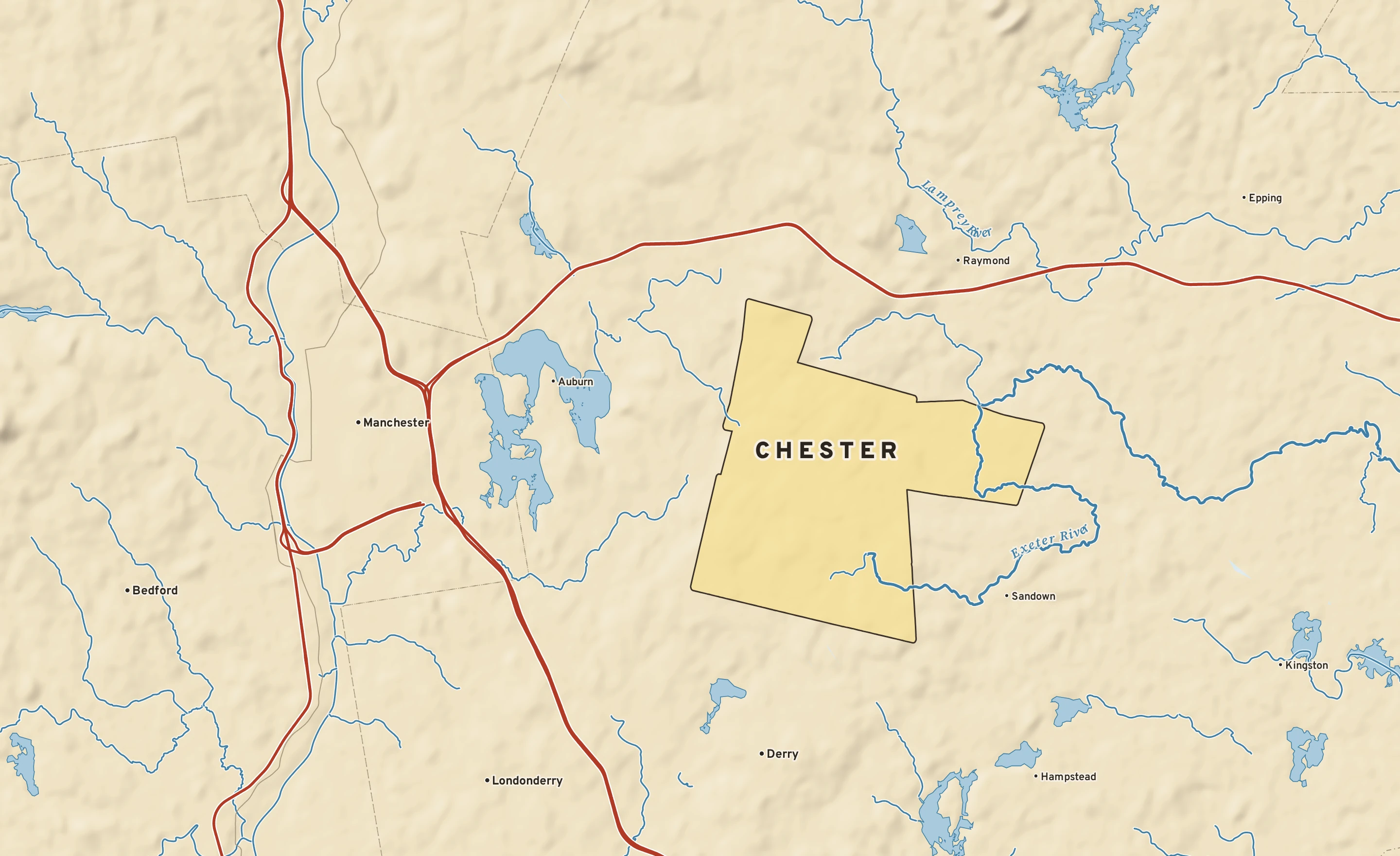 Shaded-relief atlas plate of Chester, New Hampshire: rivers, roads, the city limits and where the water drains.