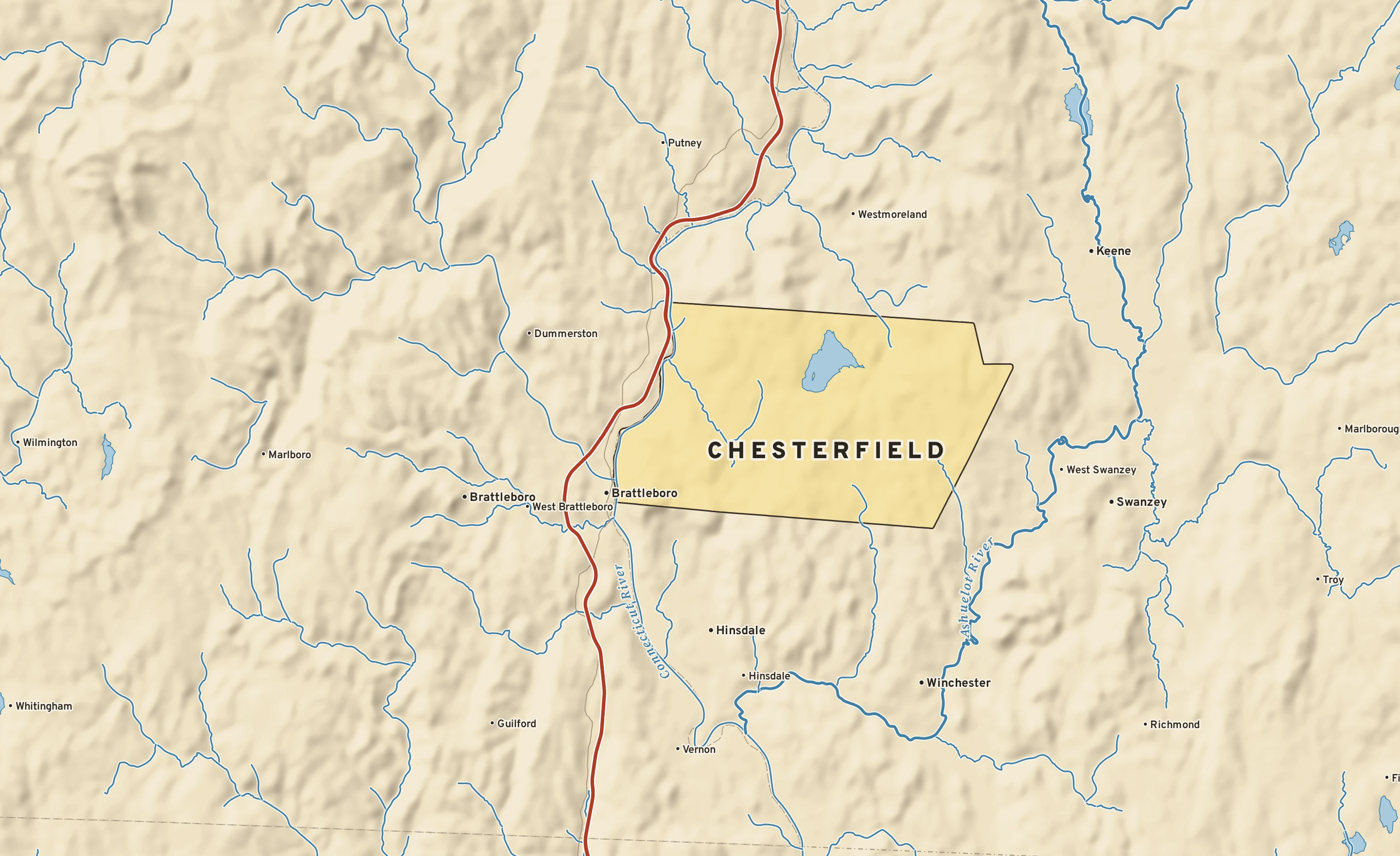 Shaded-relief atlas plate of Chesterfield, New Hampshire: rivers, roads, the city limits and where the water drains.