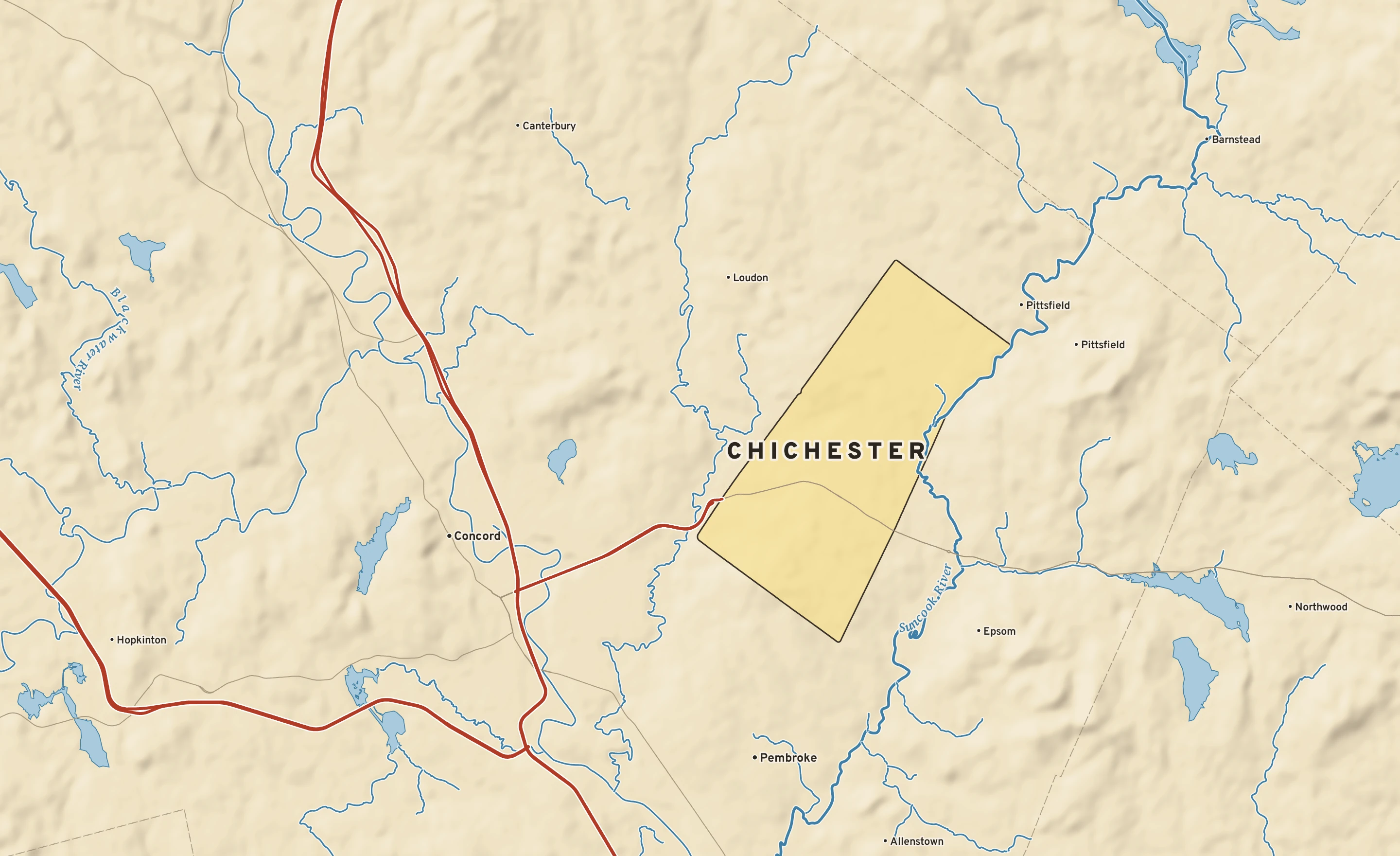 Shaded-relief atlas plate of Chichester, New Hampshire: rivers, roads, the city limits and where the water drains.