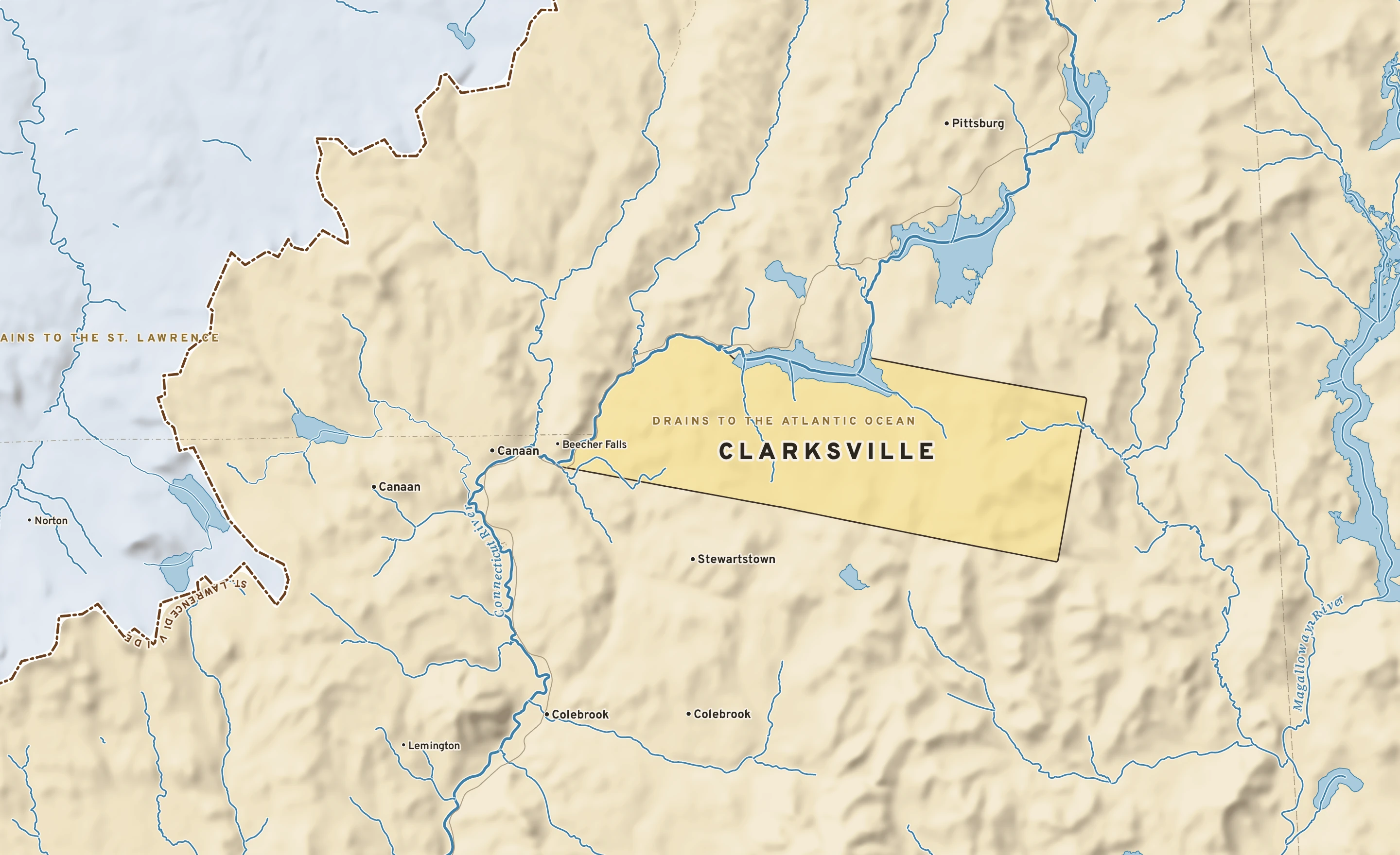 Shaded-relief atlas plate of Clarksville, New Hampshire: rivers, roads, the city limits and where the water drains.