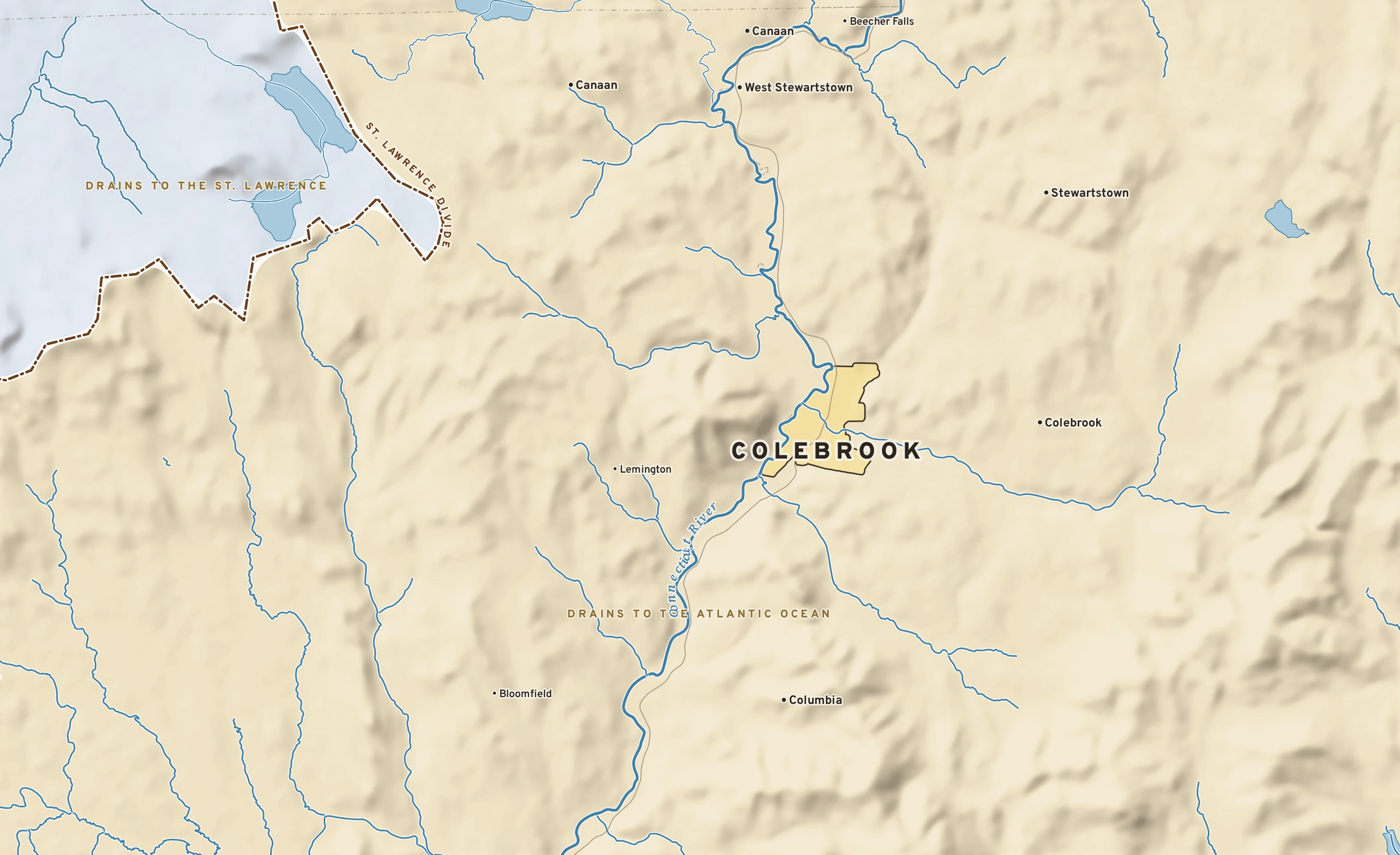 Shaded-relief atlas plate of Colebrook, New Hampshire: rivers, roads, the city limits and where the water drains.