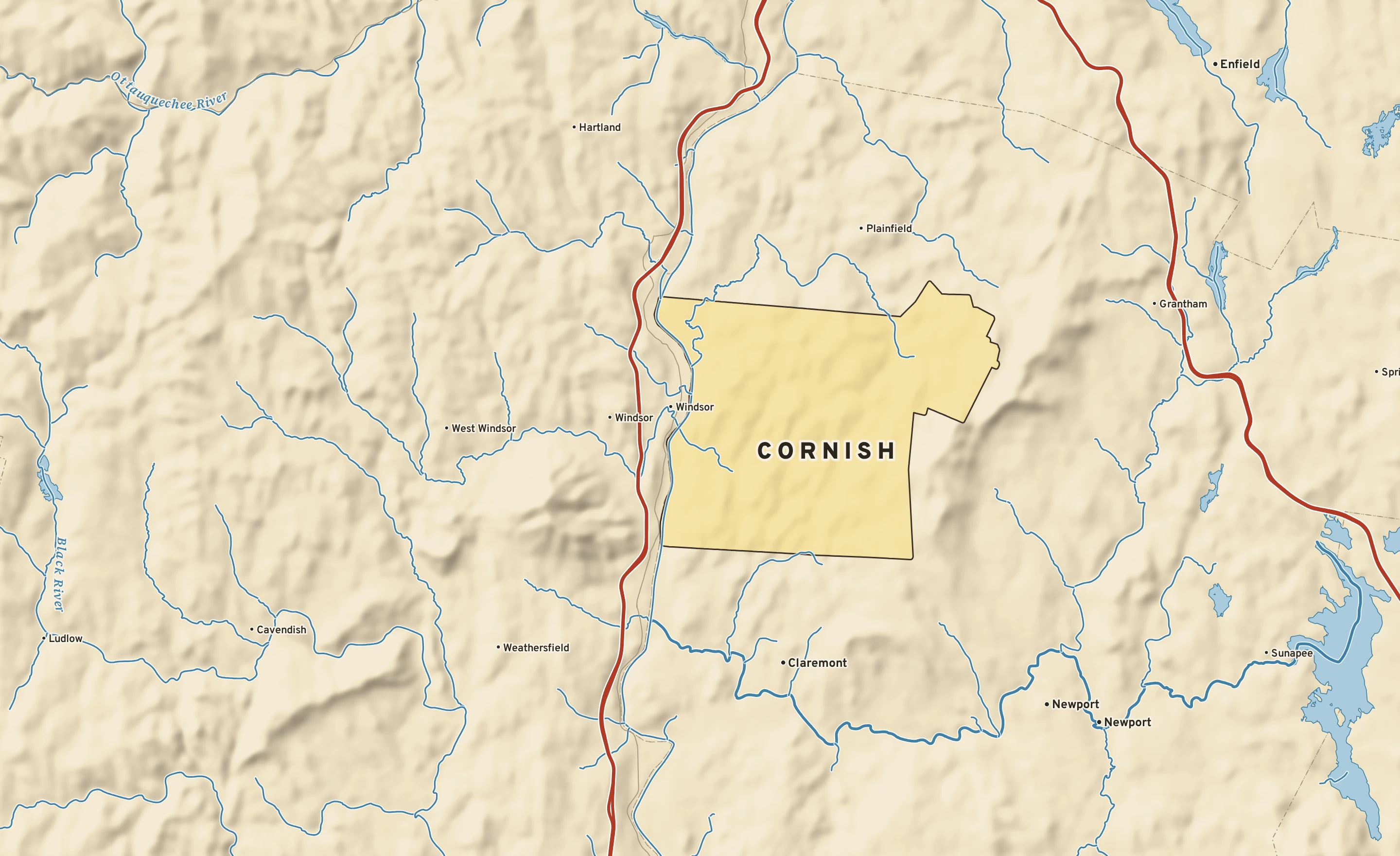 Shaded-relief atlas plate of Cornish, New Hampshire: rivers, roads, the city limits and where the water drains.