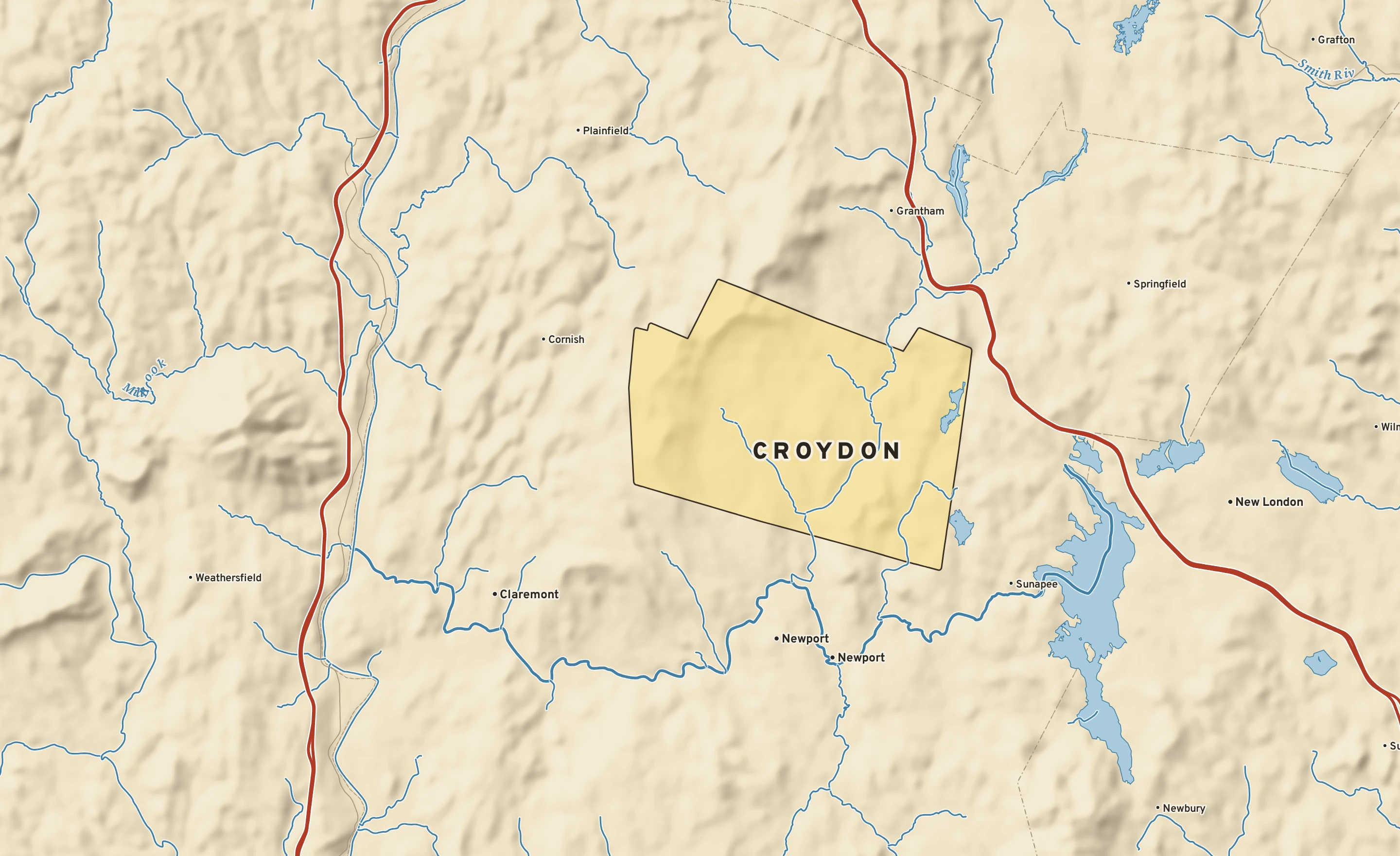 Shaded-relief atlas plate of Croydon, New Hampshire: rivers, roads, the city limits and where the water drains.