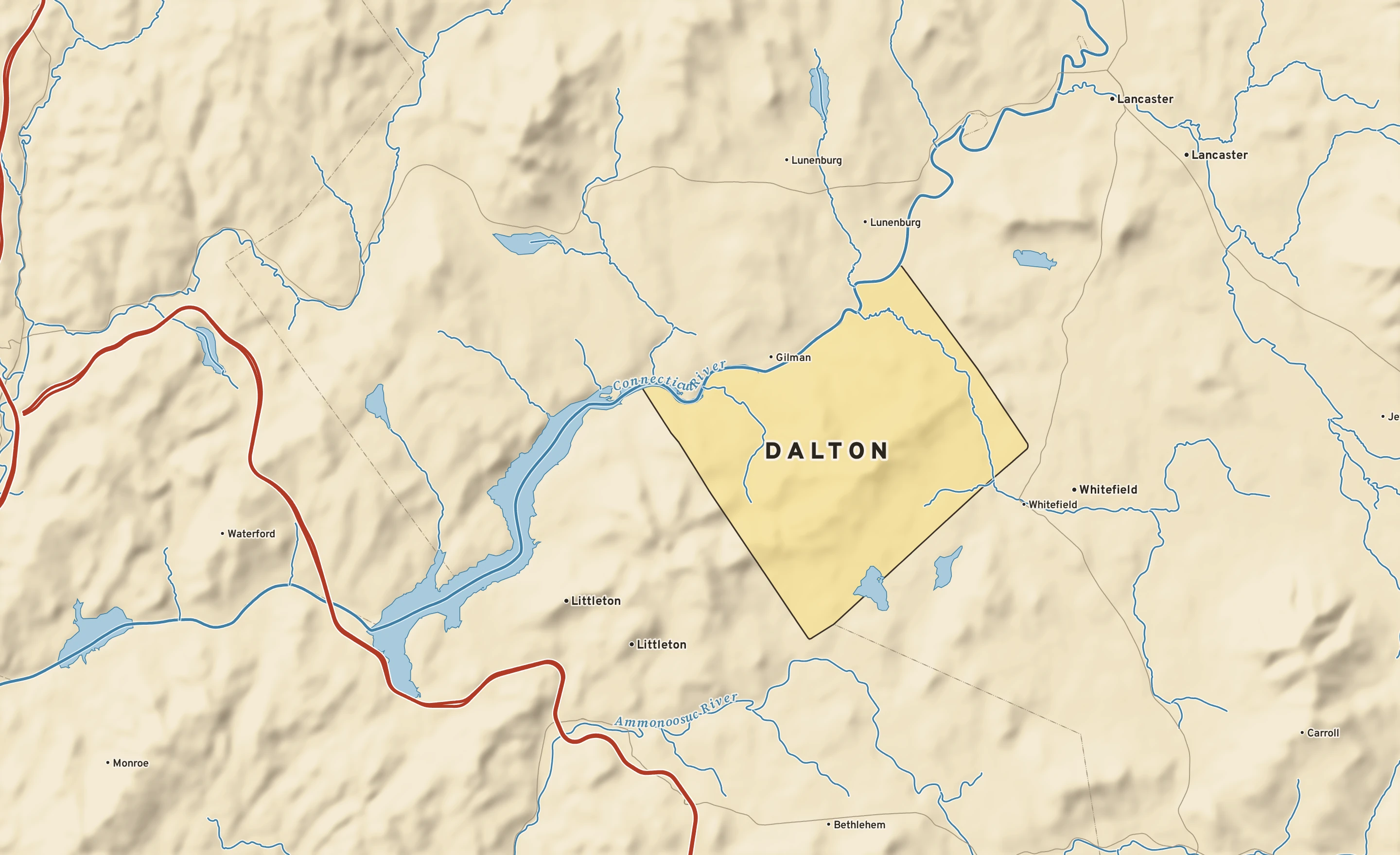 Shaded-relief atlas plate of Dalton, New Hampshire: rivers, roads, the city limits and where the water drains.