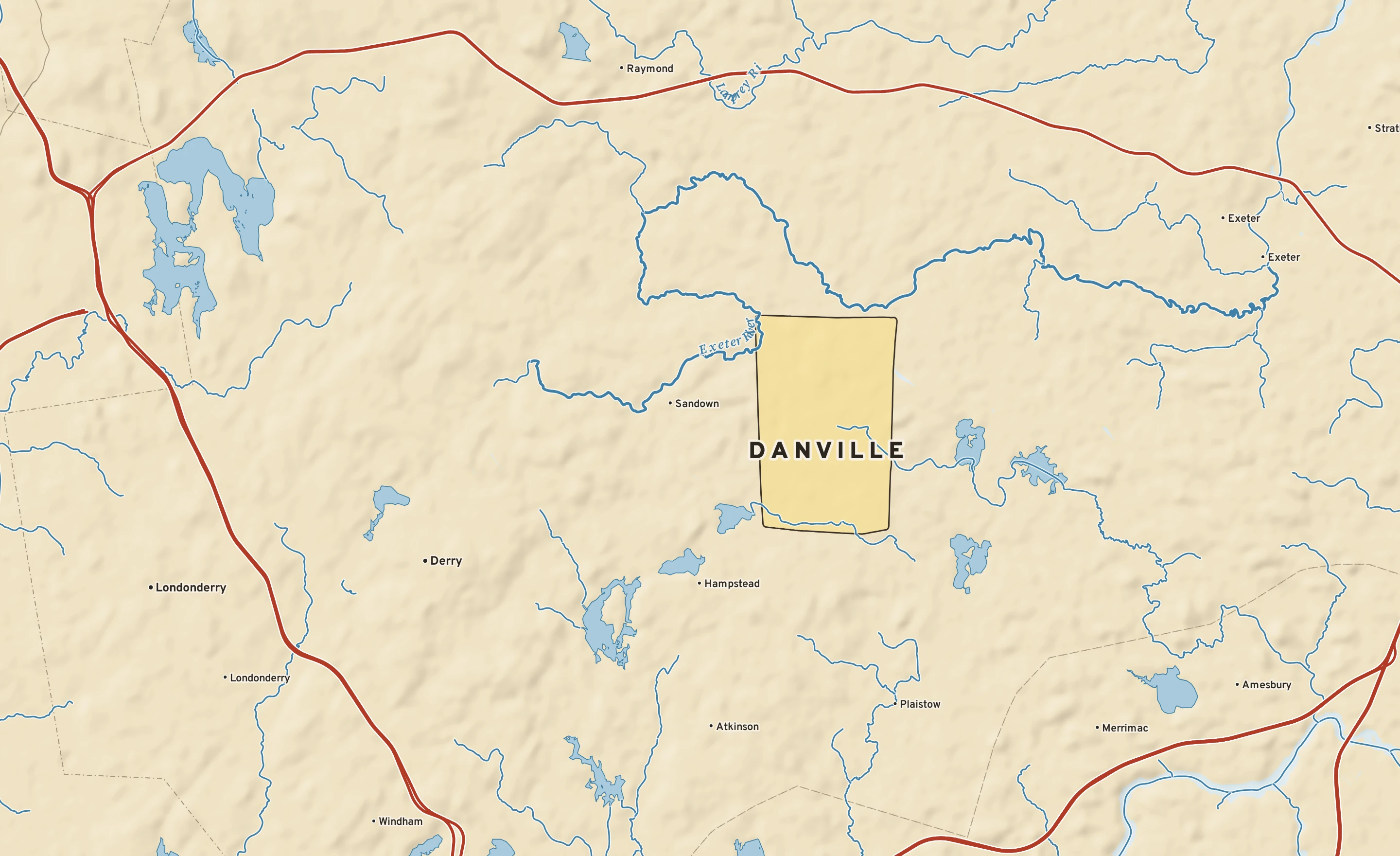 Shaded-relief atlas plate of Danville, New Hampshire: rivers, roads, the city limits and where the water drains.