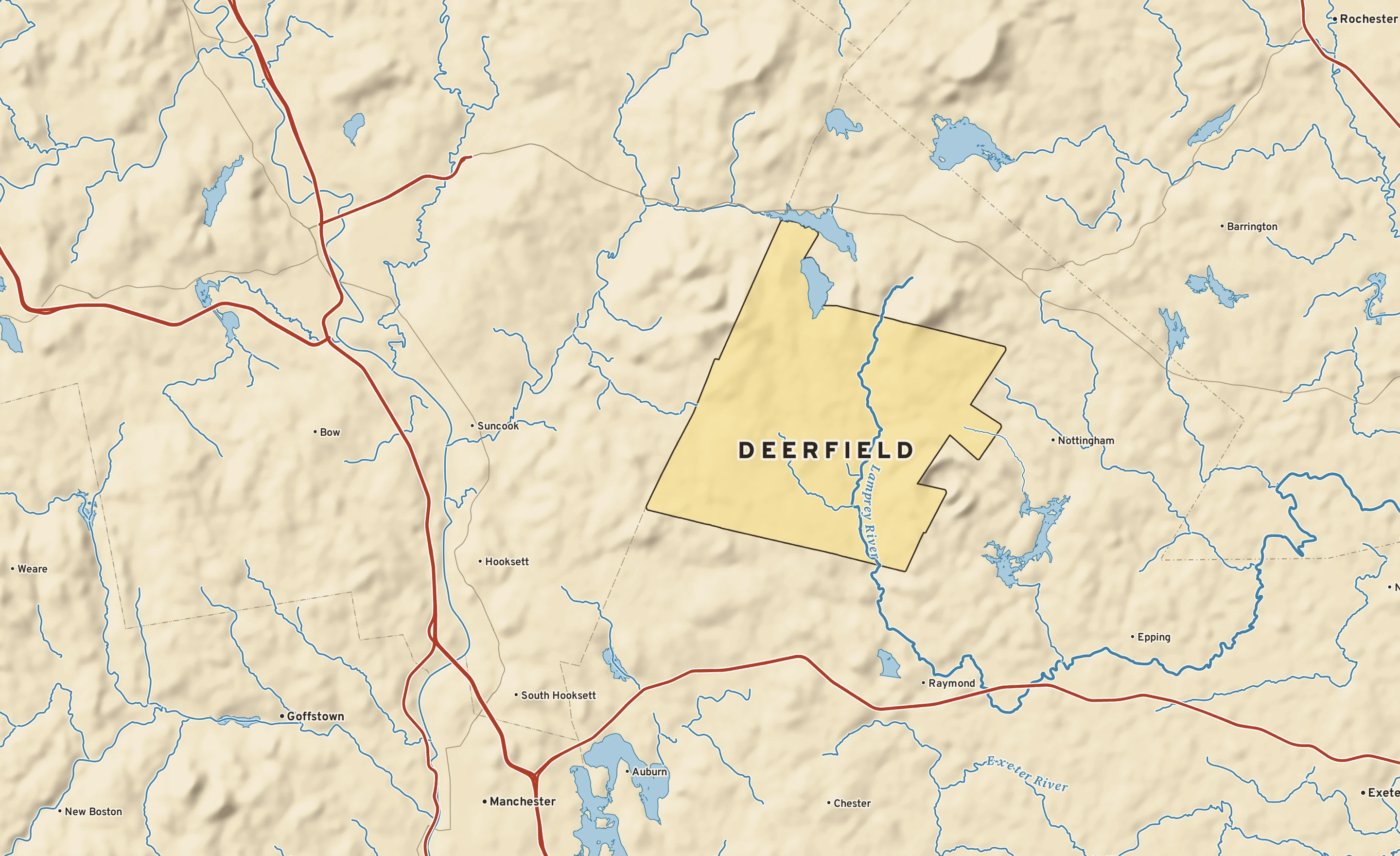 Shaded-relief atlas plate of Deerfield, New Hampshire: rivers, roads, the city limits and where the water drains.