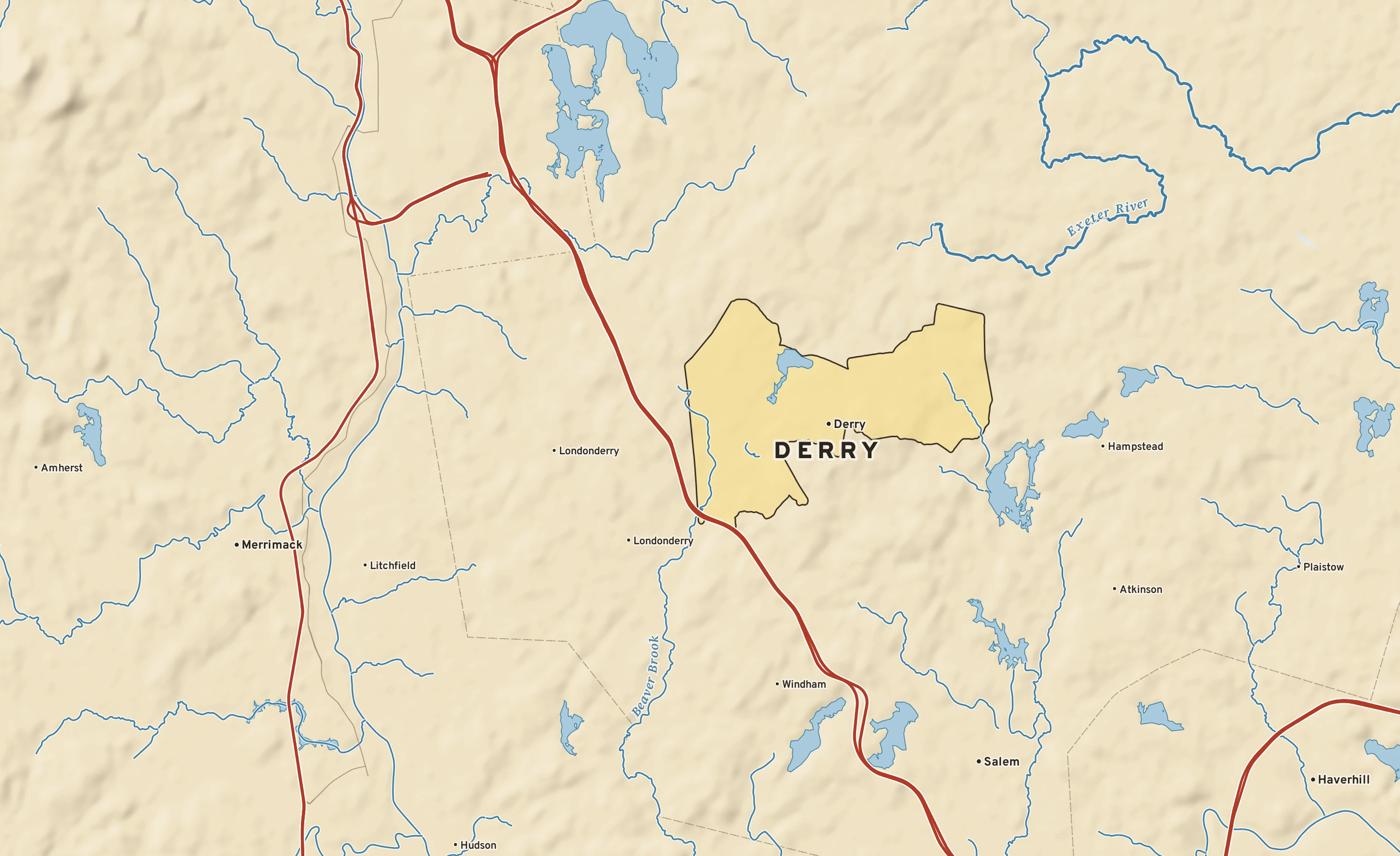 Shaded-relief atlas plate of Derry, New Hampshire: rivers, roads, the city limits and where the water drains.