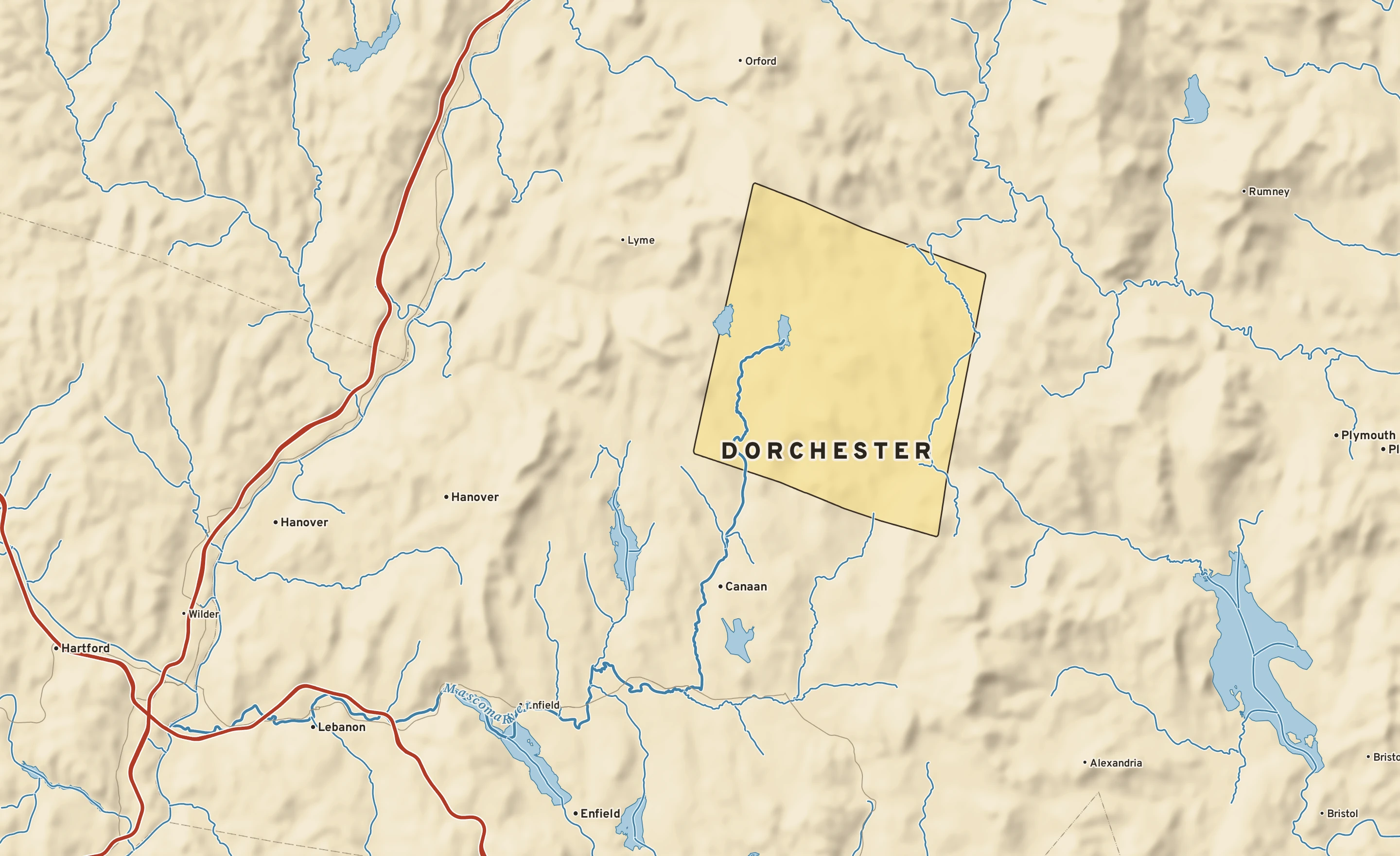 Shaded-relief atlas plate of Dorchester, New Hampshire: rivers, roads, the city limits and where the water drains.