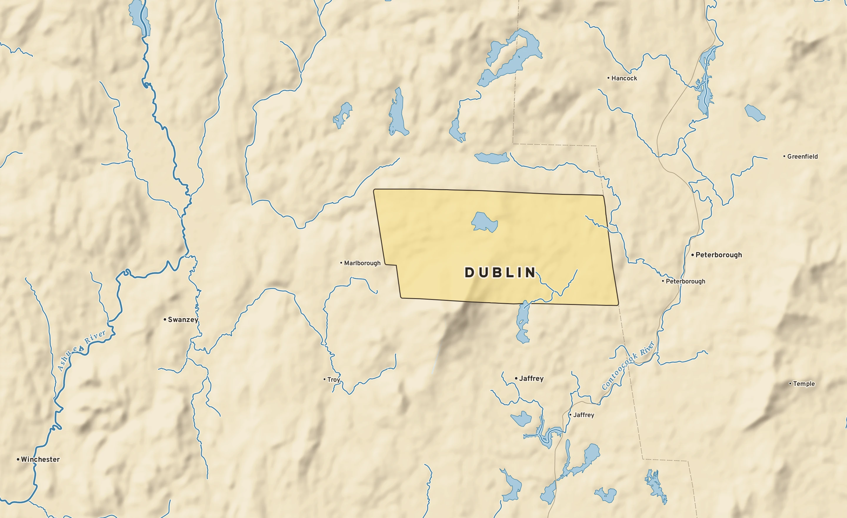 Shaded-relief atlas plate of Dublin, New Hampshire: rivers, roads, the city limits and where the water drains.