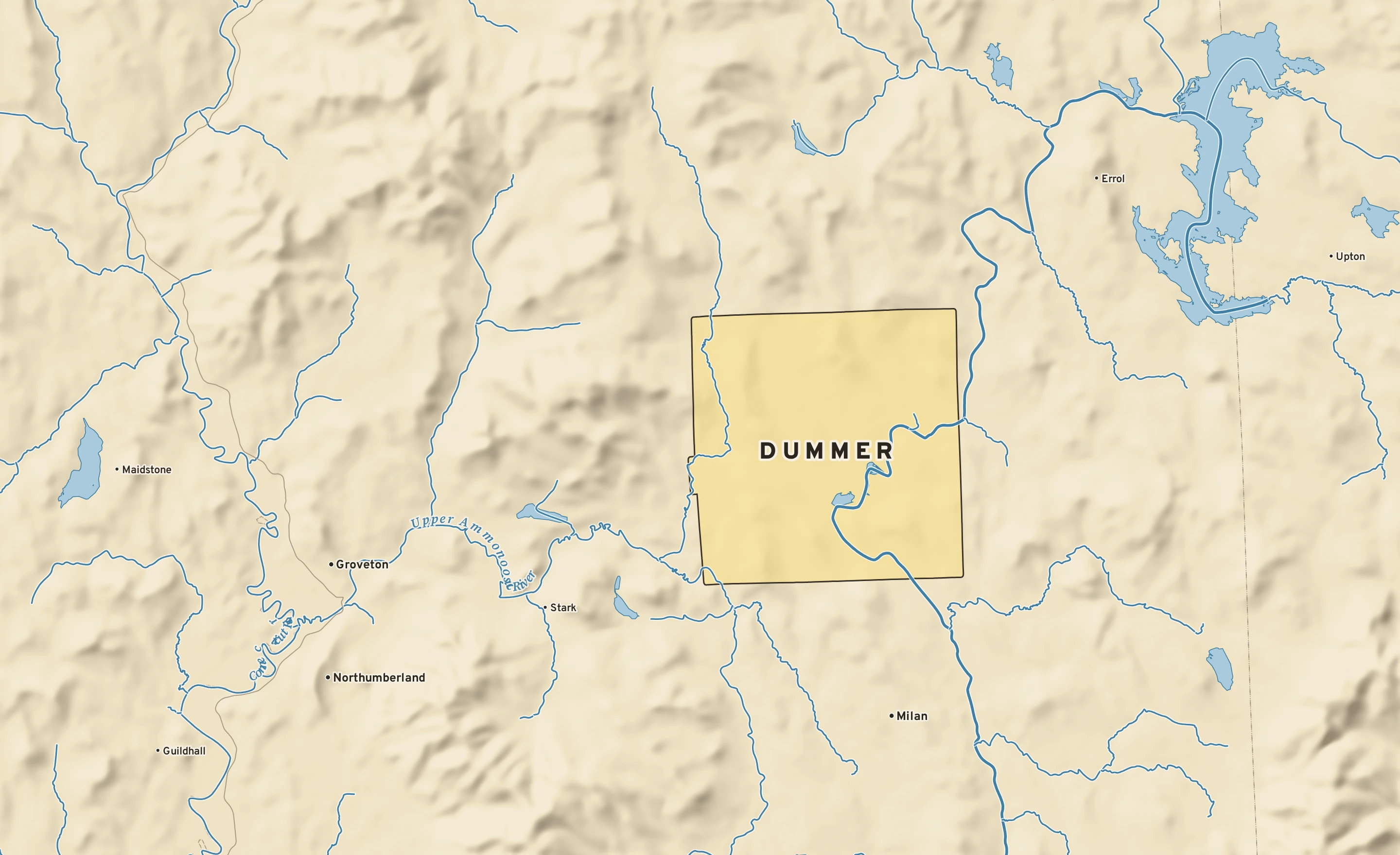 Shaded-relief atlas plate of Dummer, New Hampshire: rivers, roads, the city limits and where the water drains.