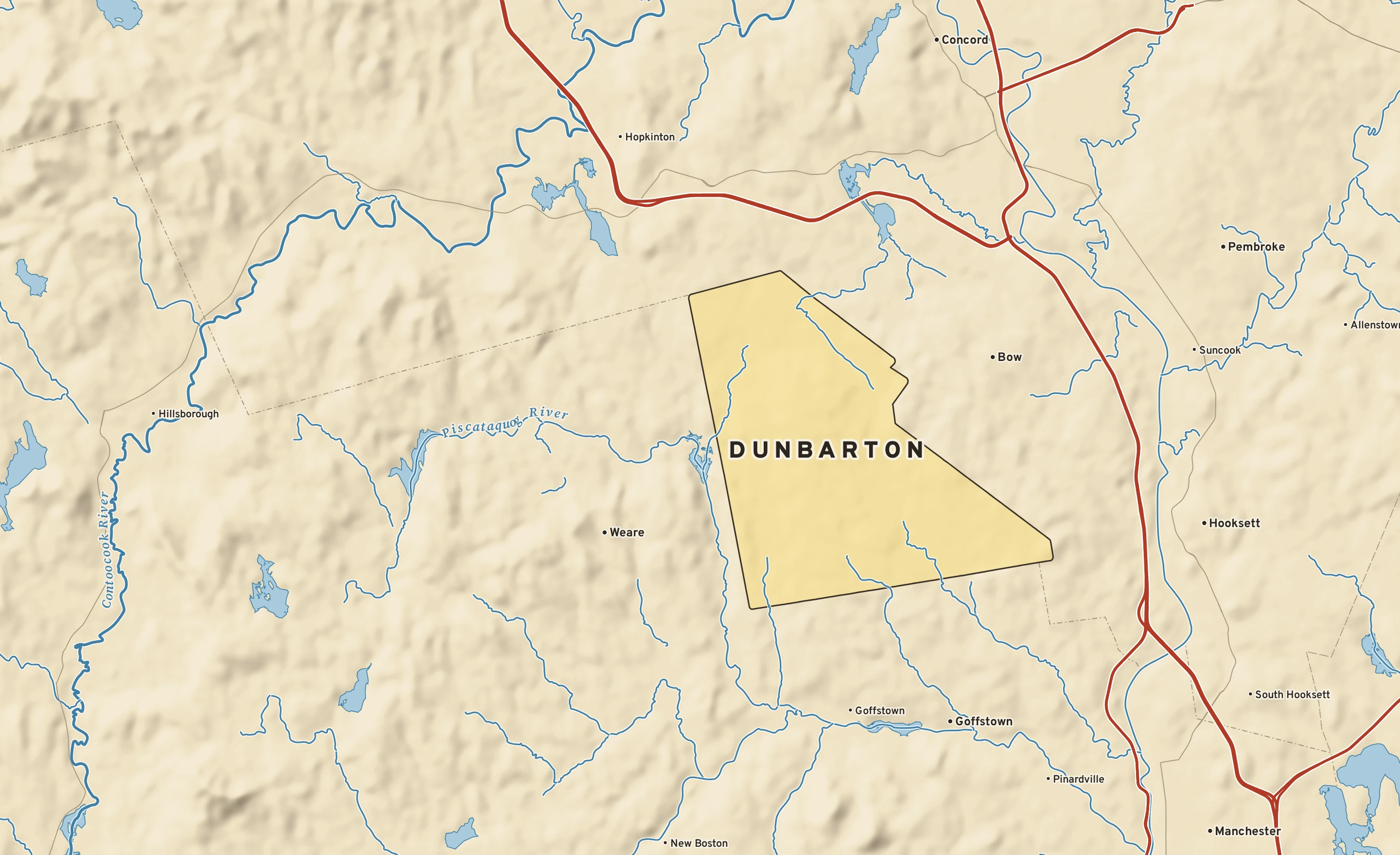 Shaded-relief atlas plate of Dunbarton, New Hampshire: rivers, roads, the city limits and where the water drains.