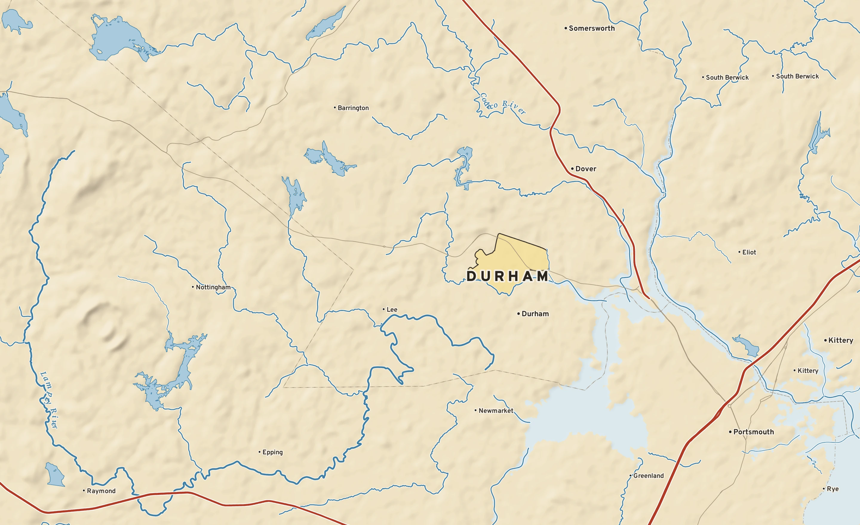 Shaded-relief atlas plate of Durham, New Hampshire: rivers, roads, the city limits and where the water drains.