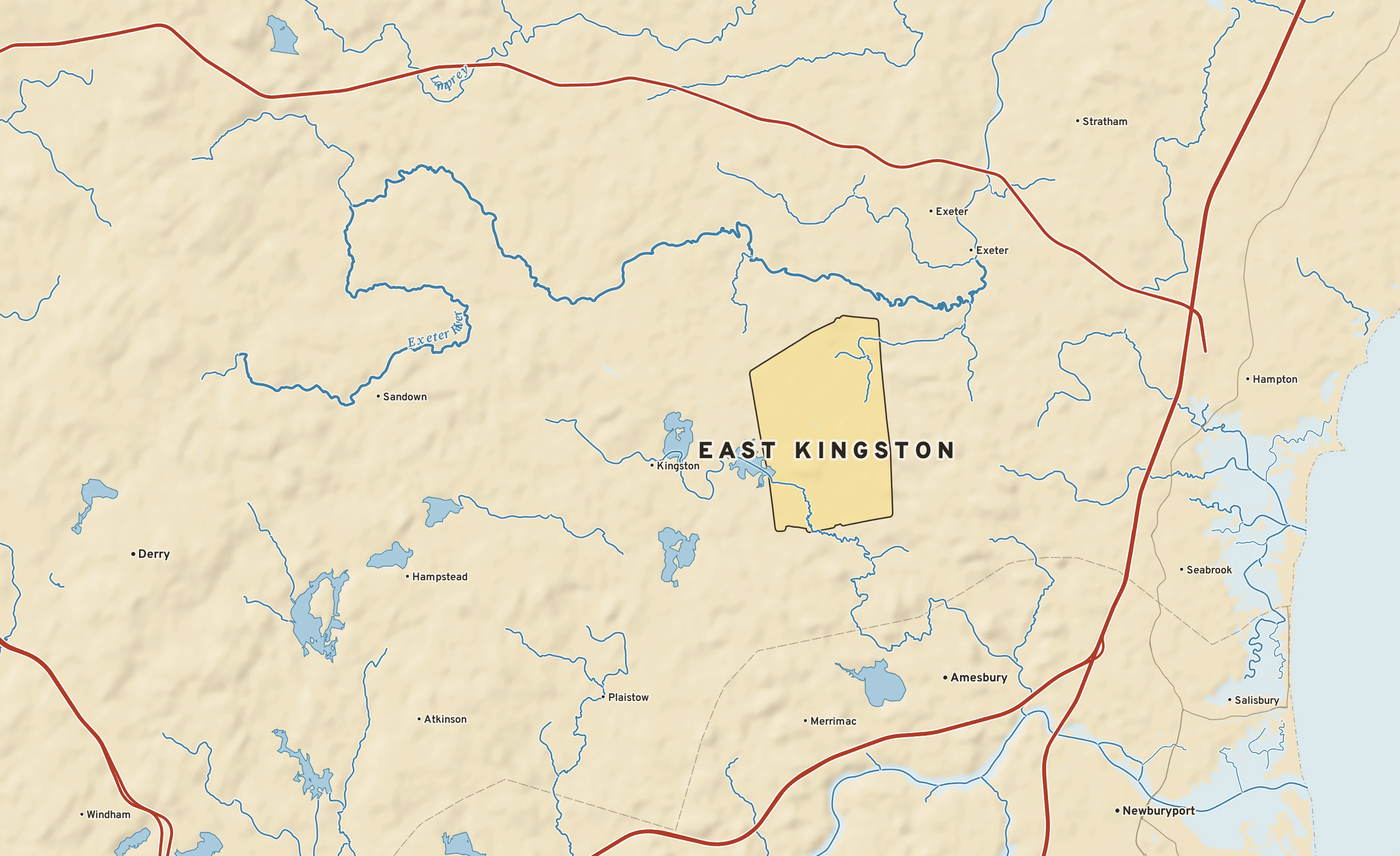 Shaded-relief atlas plate of East Kingston, New Hampshire: rivers, roads, the city limits and where the water drains.