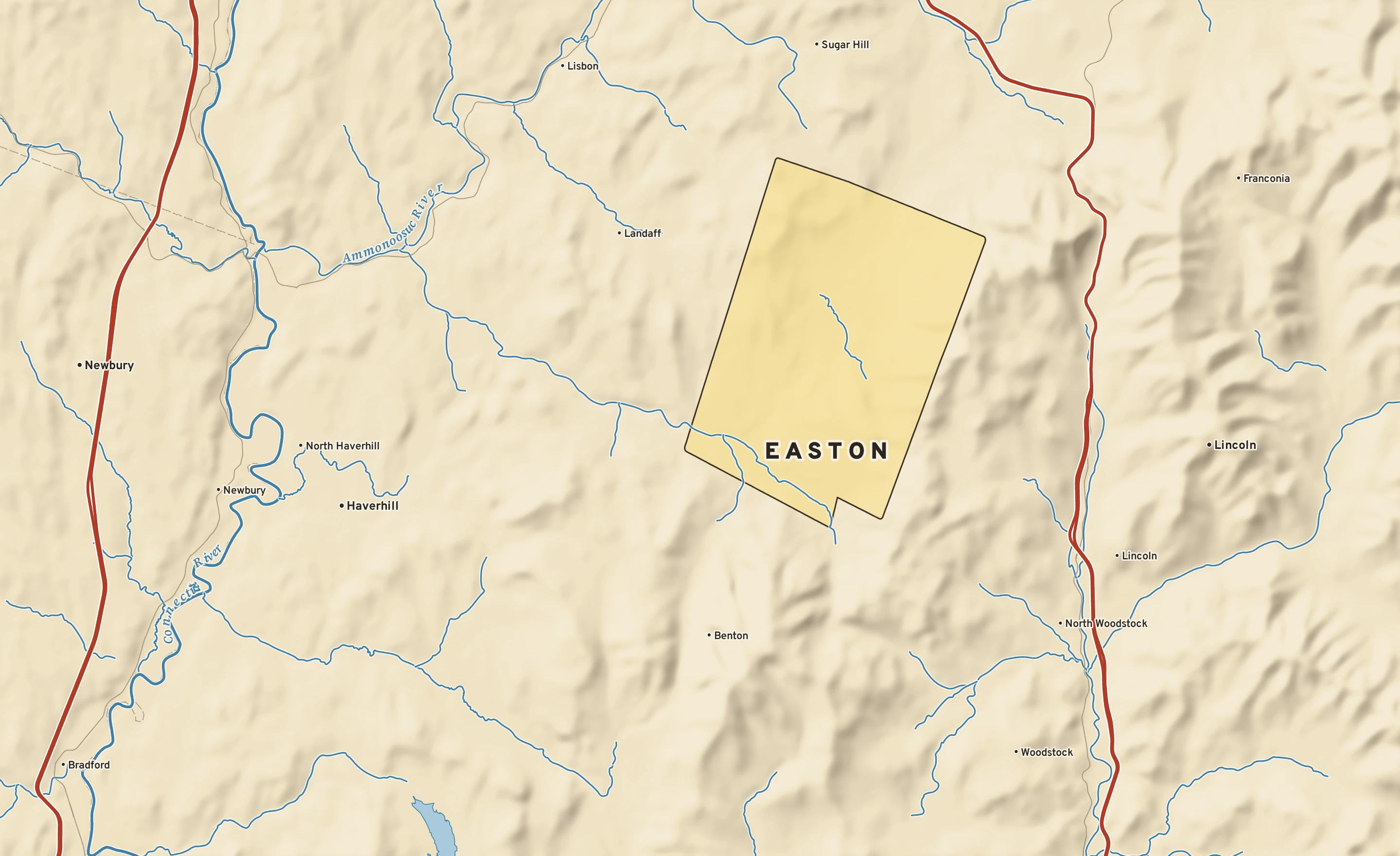 Shaded-relief atlas plate of Easton, New Hampshire: rivers, roads, the city limits and where the water drains.