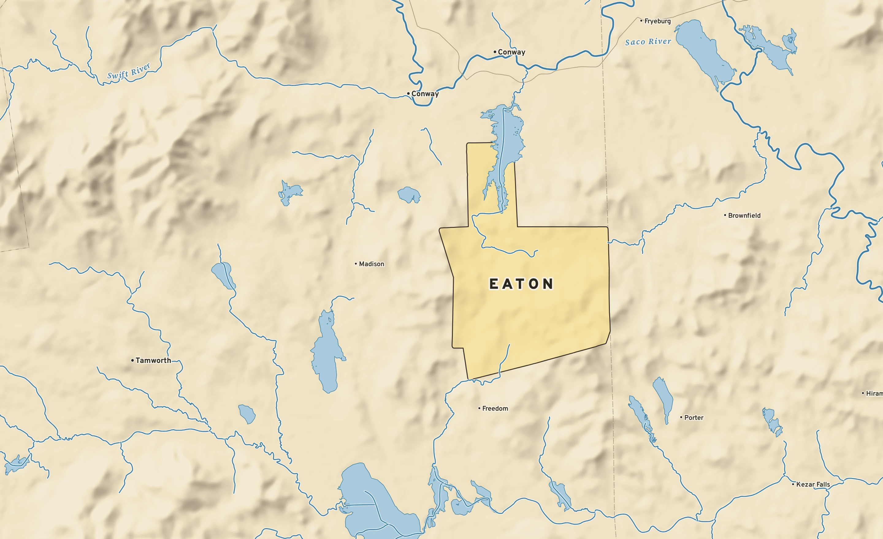 Shaded-relief atlas plate of Eaton, New Hampshire: rivers, roads, the city limits and where the water drains.