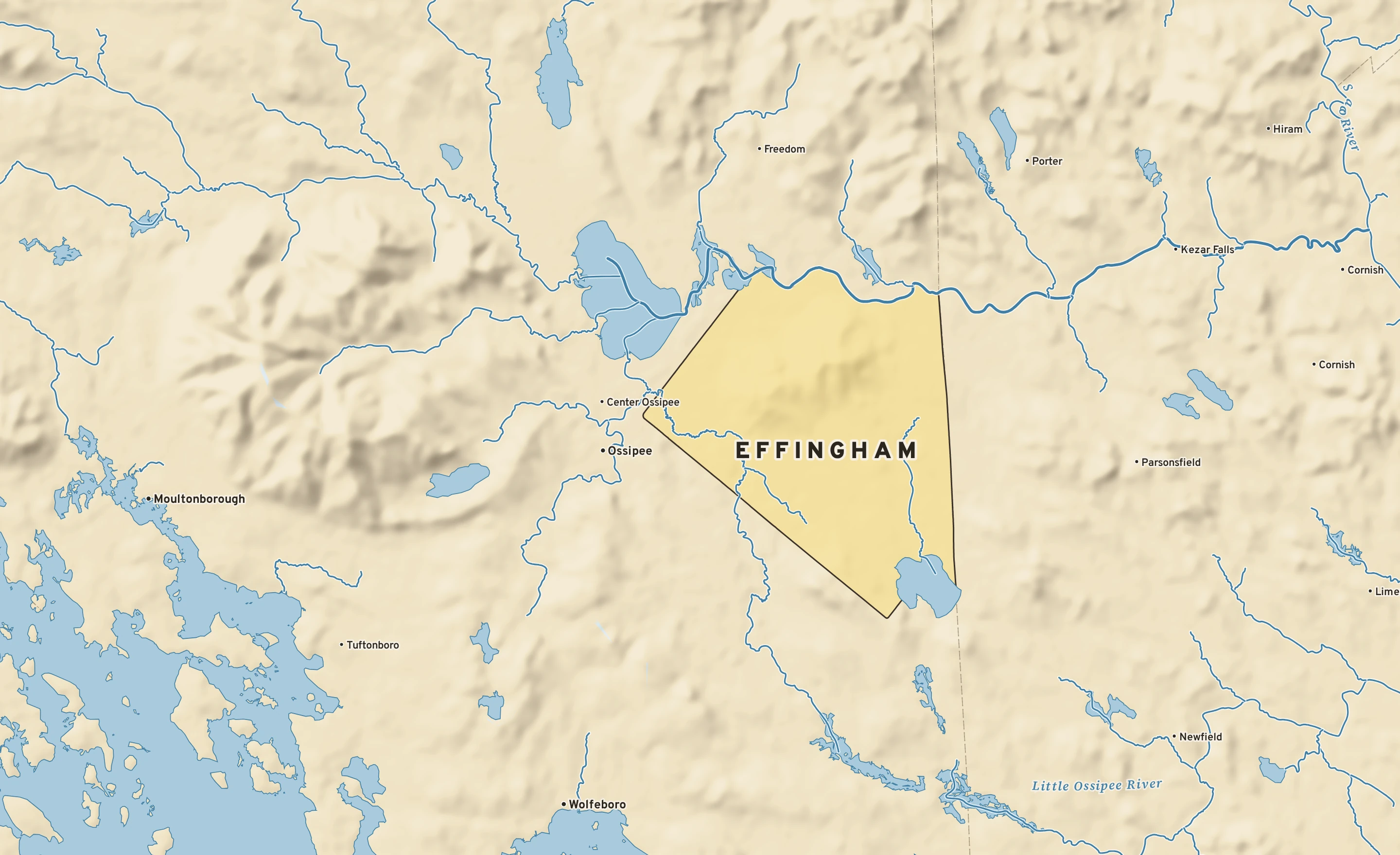Shaded-relief atlas plate of Effingham, New Hampshire: rivers, roads, the city limits and where the water drains.