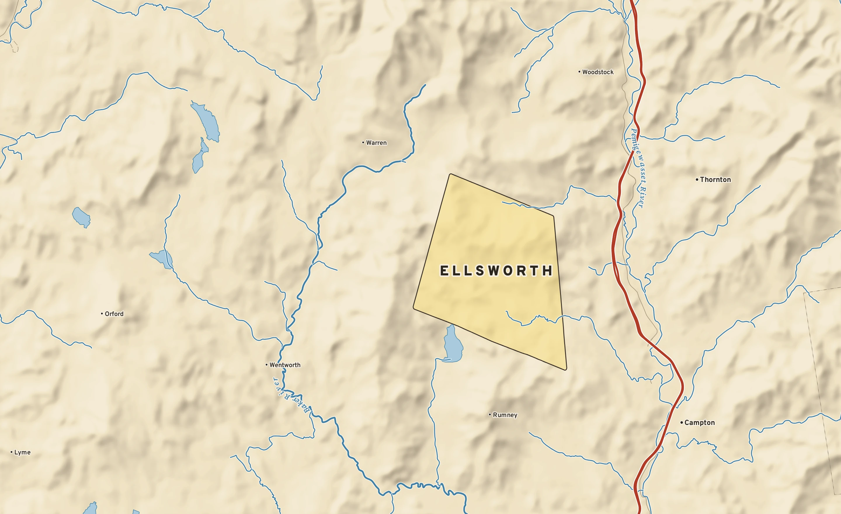 Shaded-relief atlas plate of Ellsworth, New Hampshire: rivers, roads, the city limits and where the water drains.