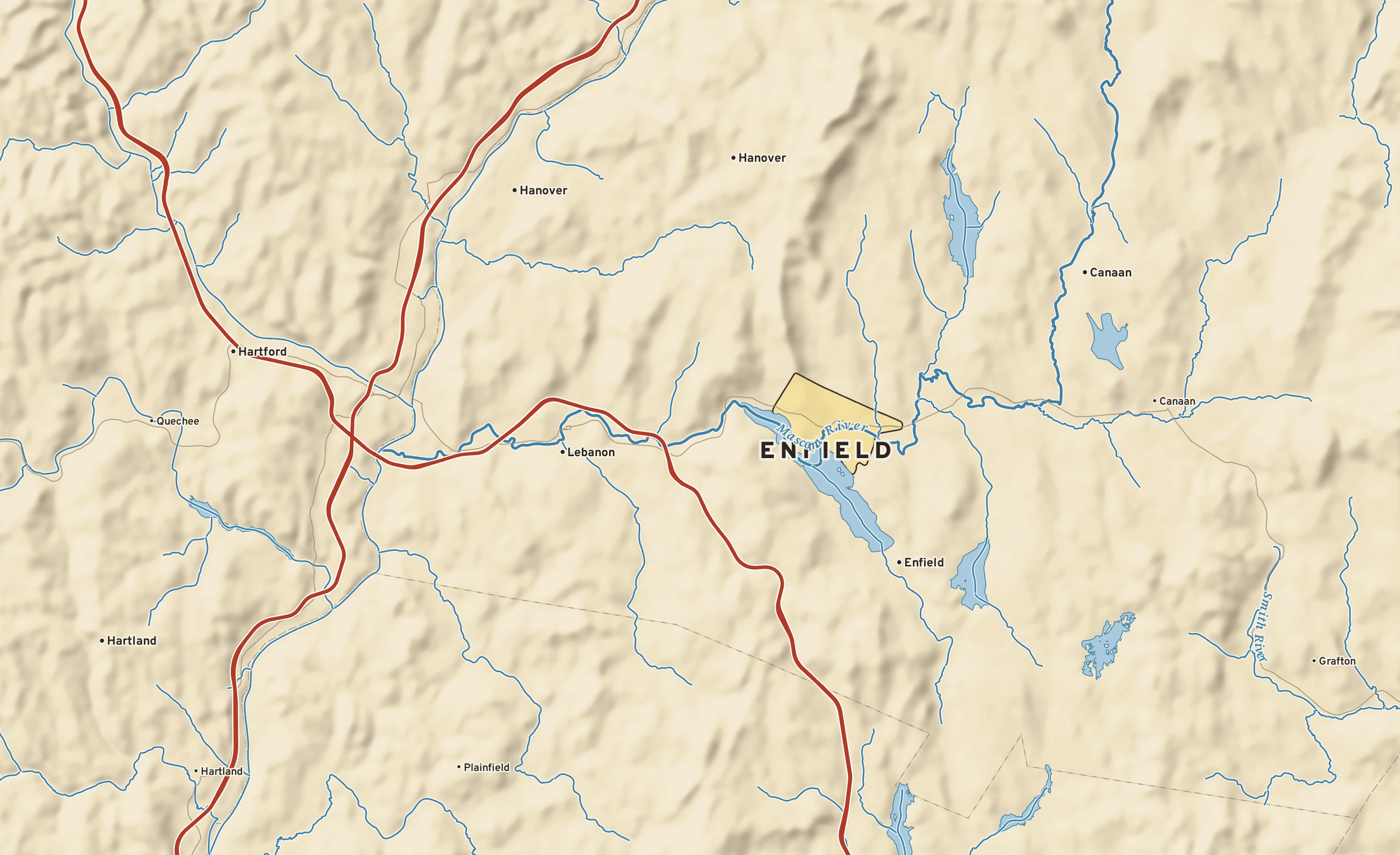 Shaded-relief atlas plate of Enfield, New Hampshire: rivers, roads, the city limits and where the water drains.