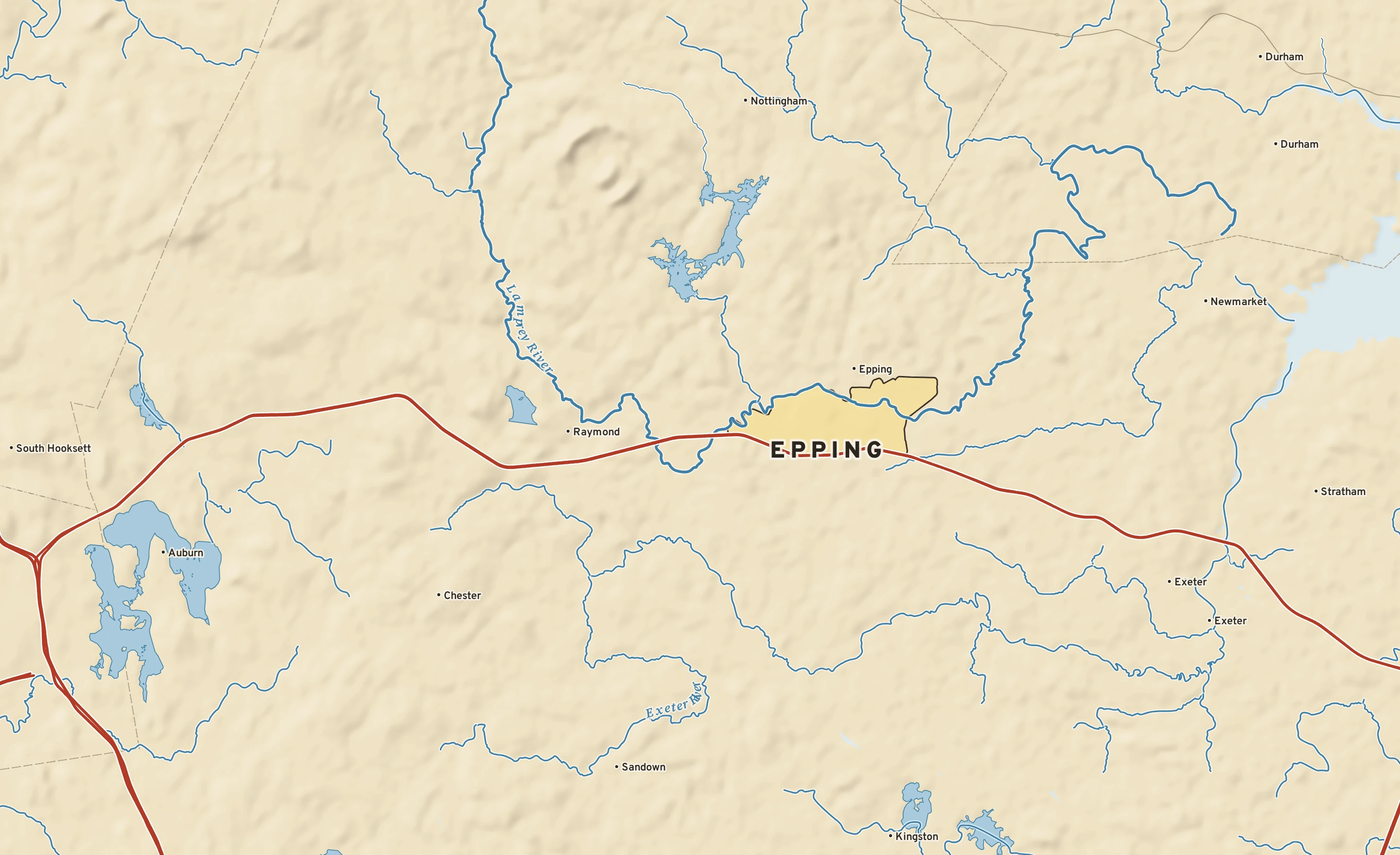 Shaded-relief atlas plate of Epping, New Hampshire: rivers, roads, the city limits and where the water drains.