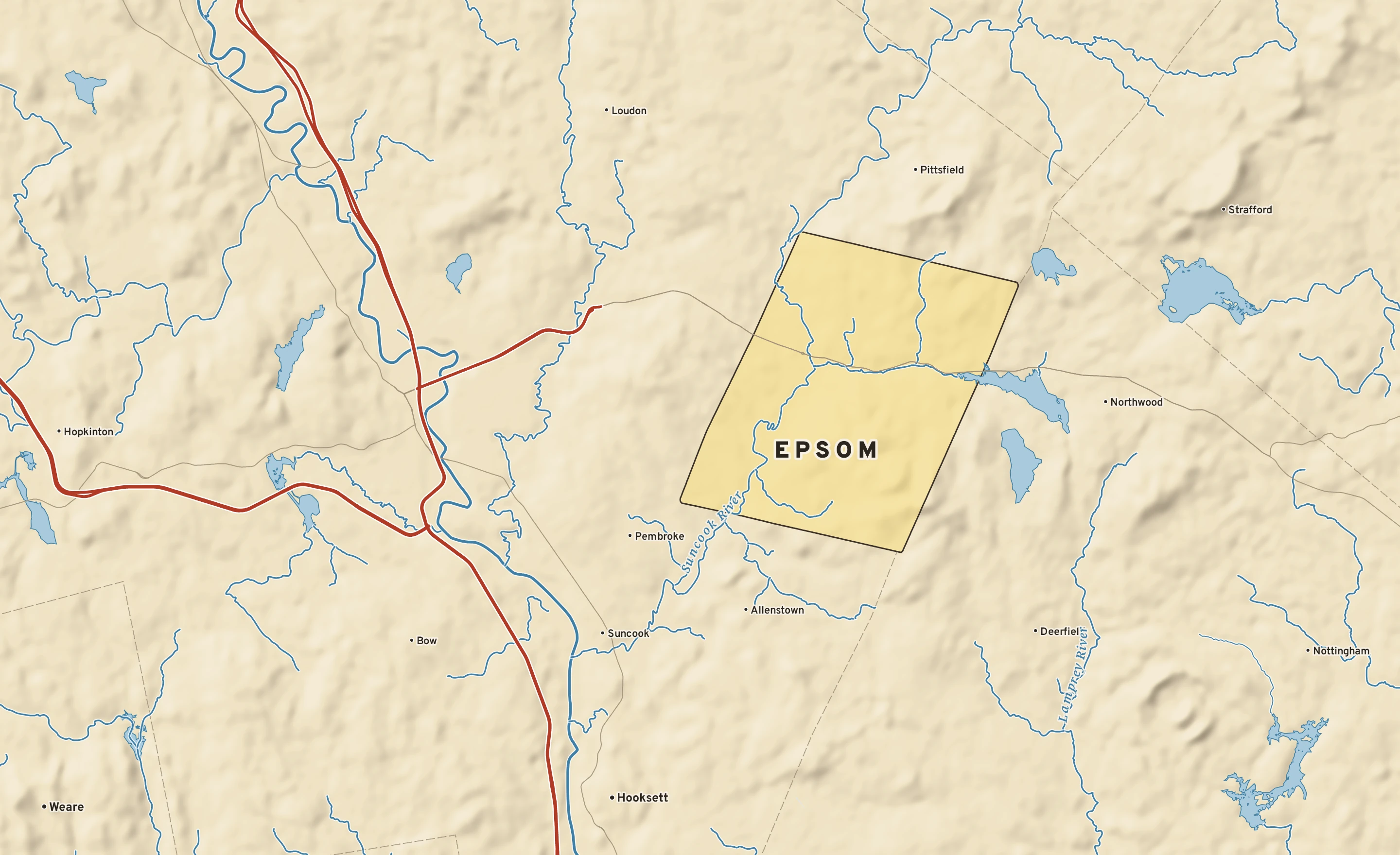Shaded-relief atlas plate of Epsom, New Hampshire: rivers, roads, the city limits and where the water drains.